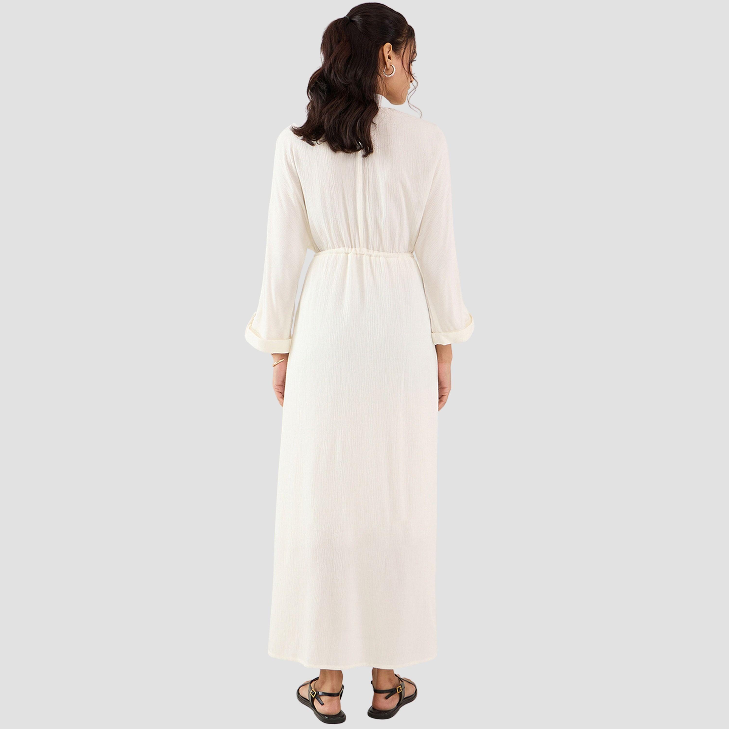 فيميلا - فستان ماكسي نسائي بأكمام طويلة وياقة مجعدة ومزخرف لون اوف وايت-women-clothing-dresses-image-2
