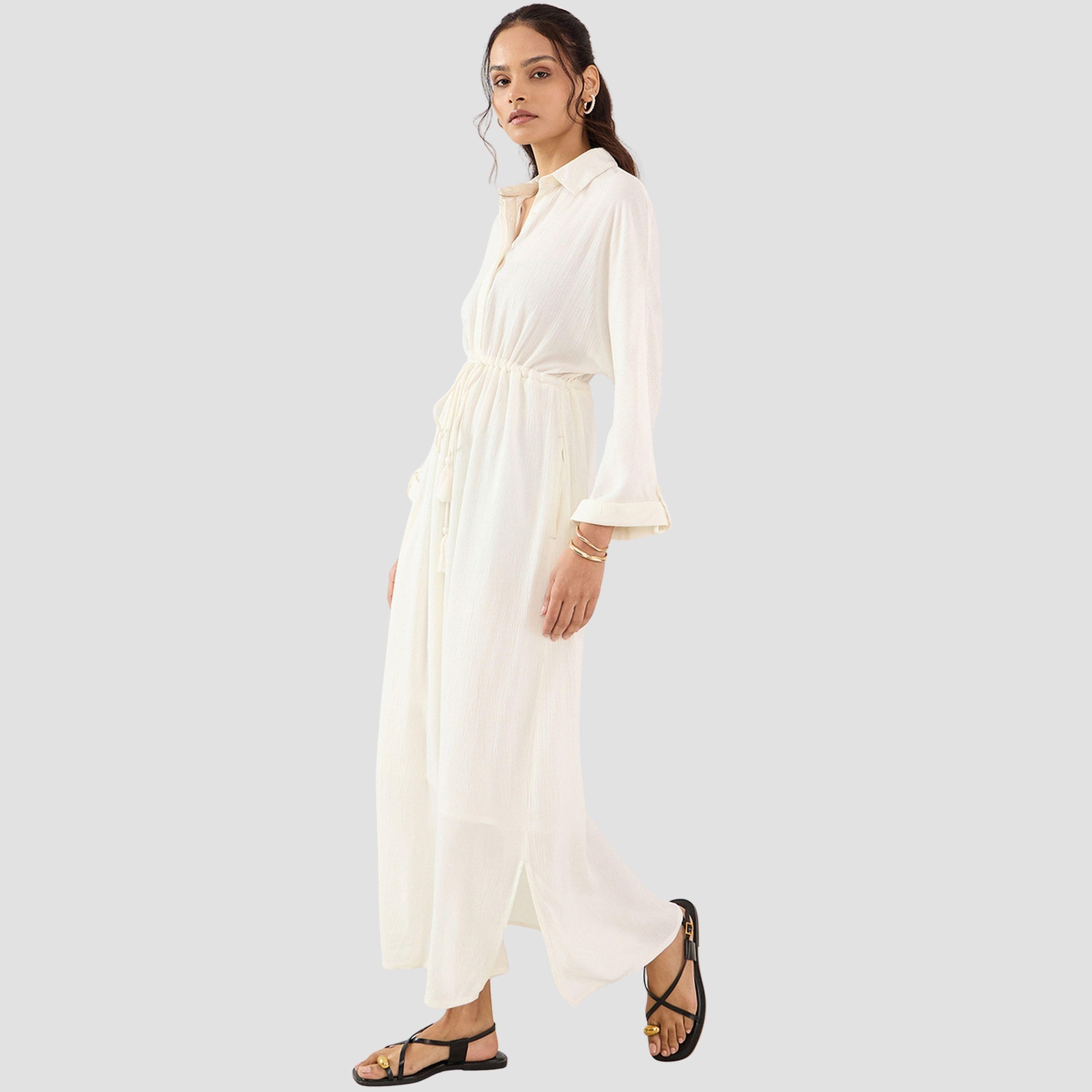 فيميلا - فستان ماكسي نسائي بأكمام طويلة وياقة مجعدة ومزخرف لون اوف وايت-women-clothing-dresses-image-3