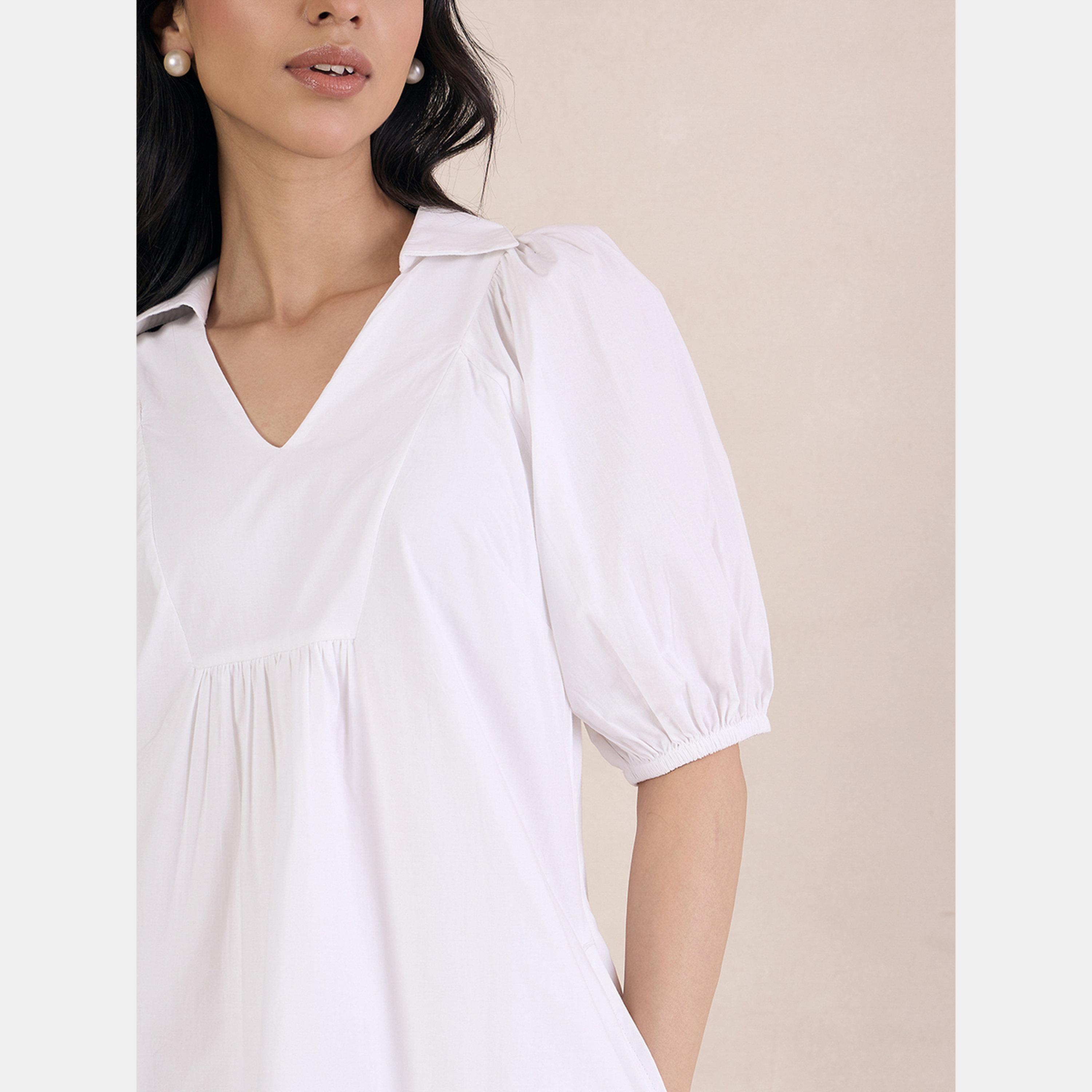 فيميلا - فستان نسائي قصير من قماش البوبلين الأبيض رقبة حرف V تصميم A-women-clothing-dresses-image-3