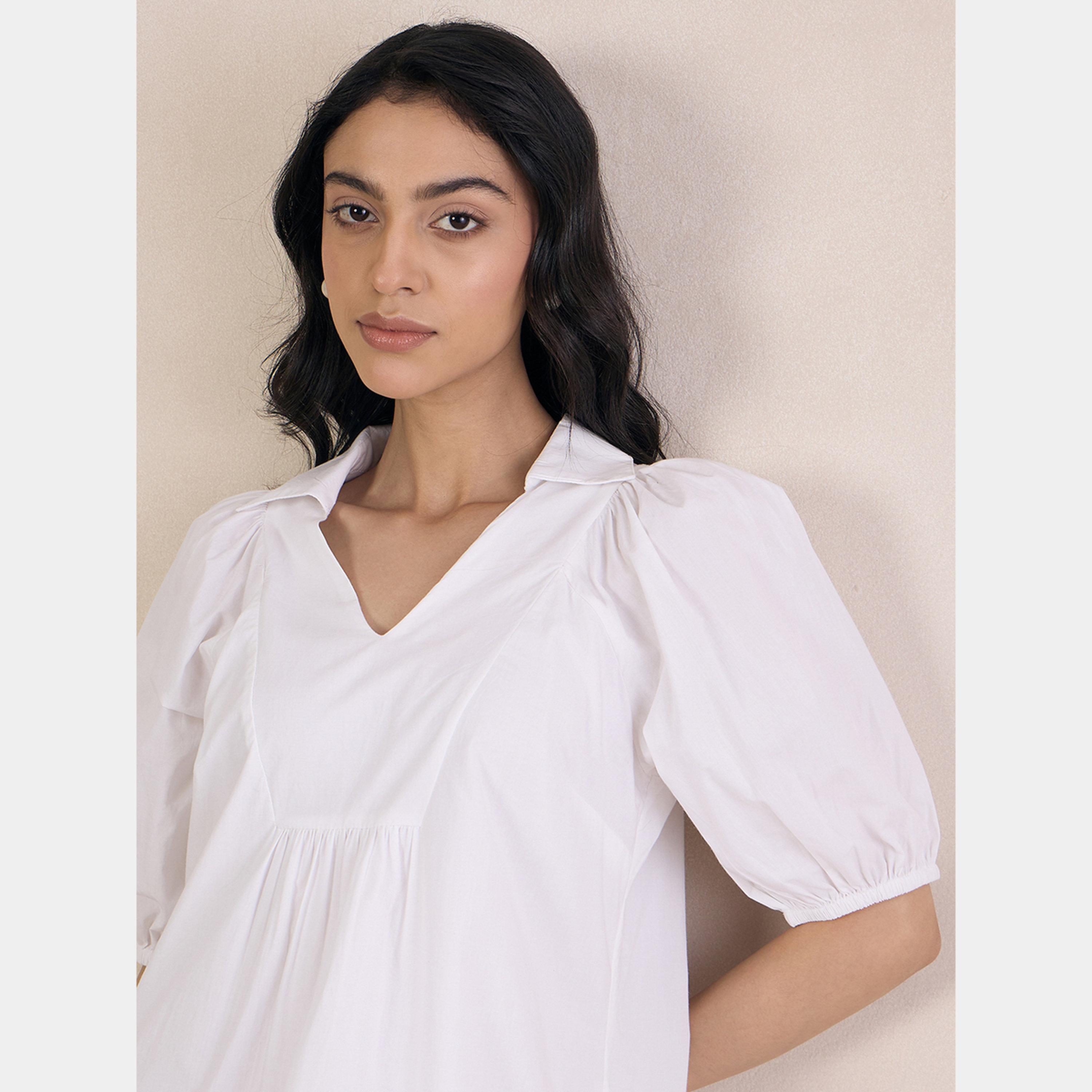 فيميلا - فستان نسائي قصير من قماش البوبلين الأبيض رقبة حرف V تصميم A-women-clothing-dresses-image-4