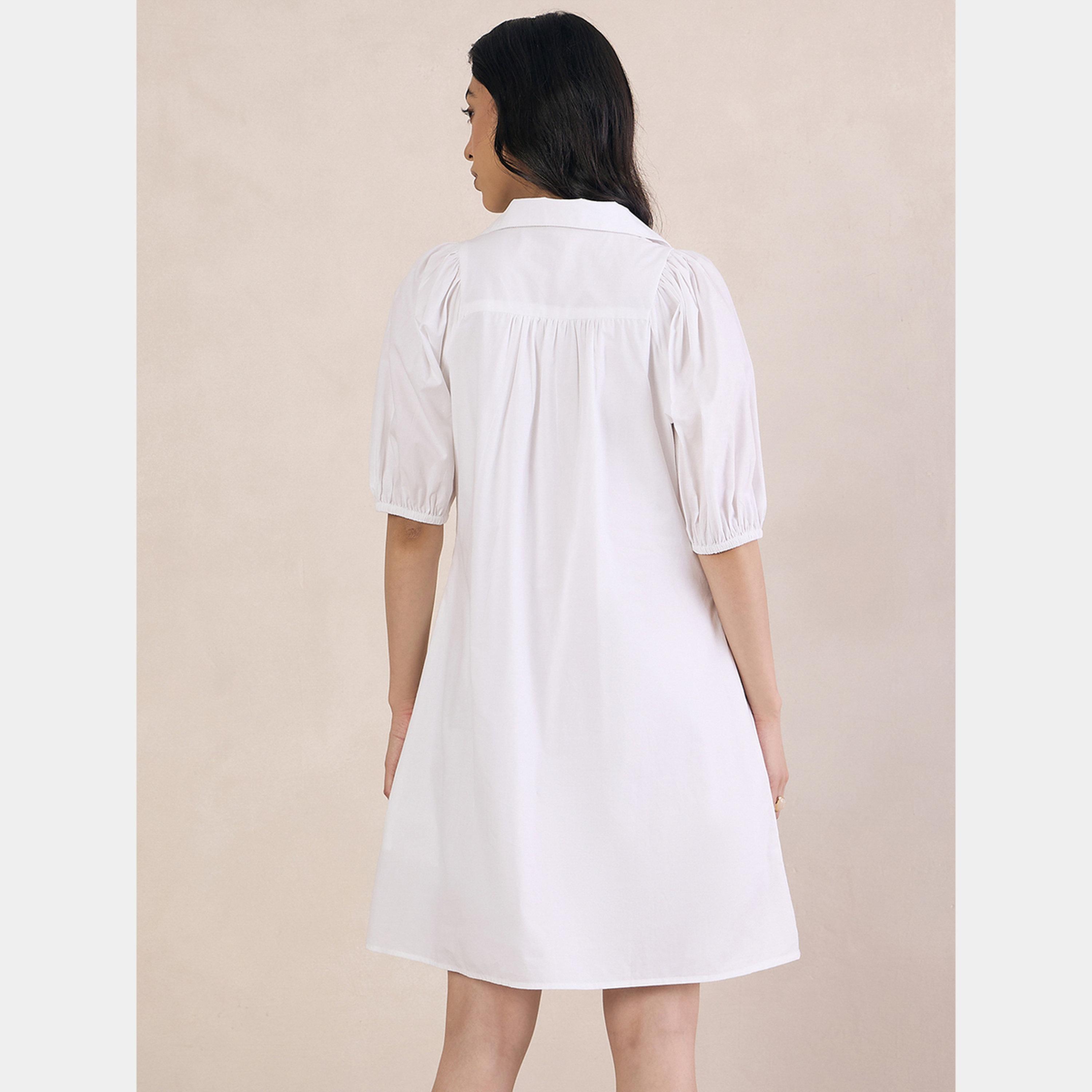 فيميلا - فستان نسائي قصير من قماش البوبلين الأبيض رقبة حرف V تصميم A-women-clothing-dresses-image-5