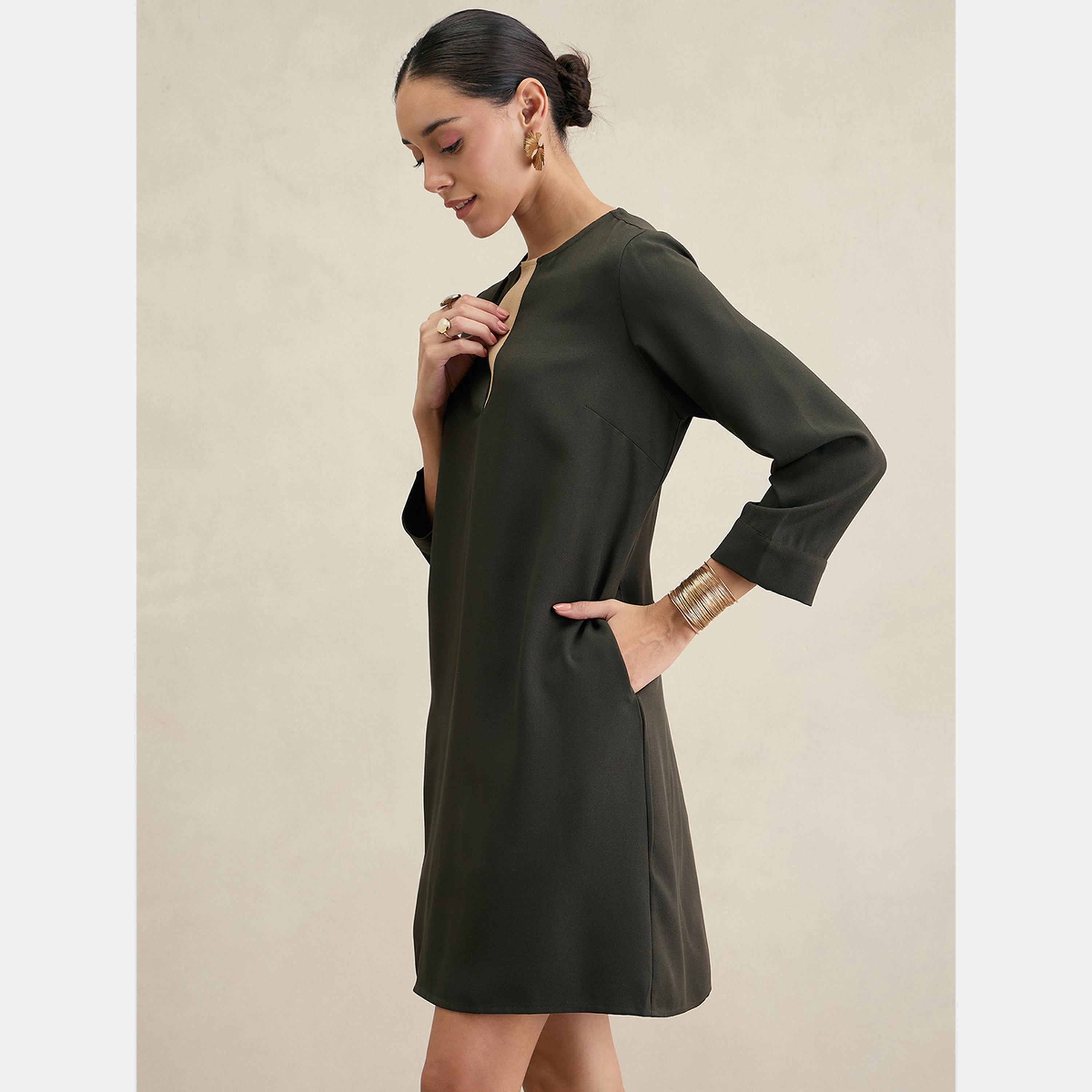Femmella Olive Solid V-Neck Long Sleeves Women's Knee-Length Sheath Dress-women-clothing-dresses-image-3