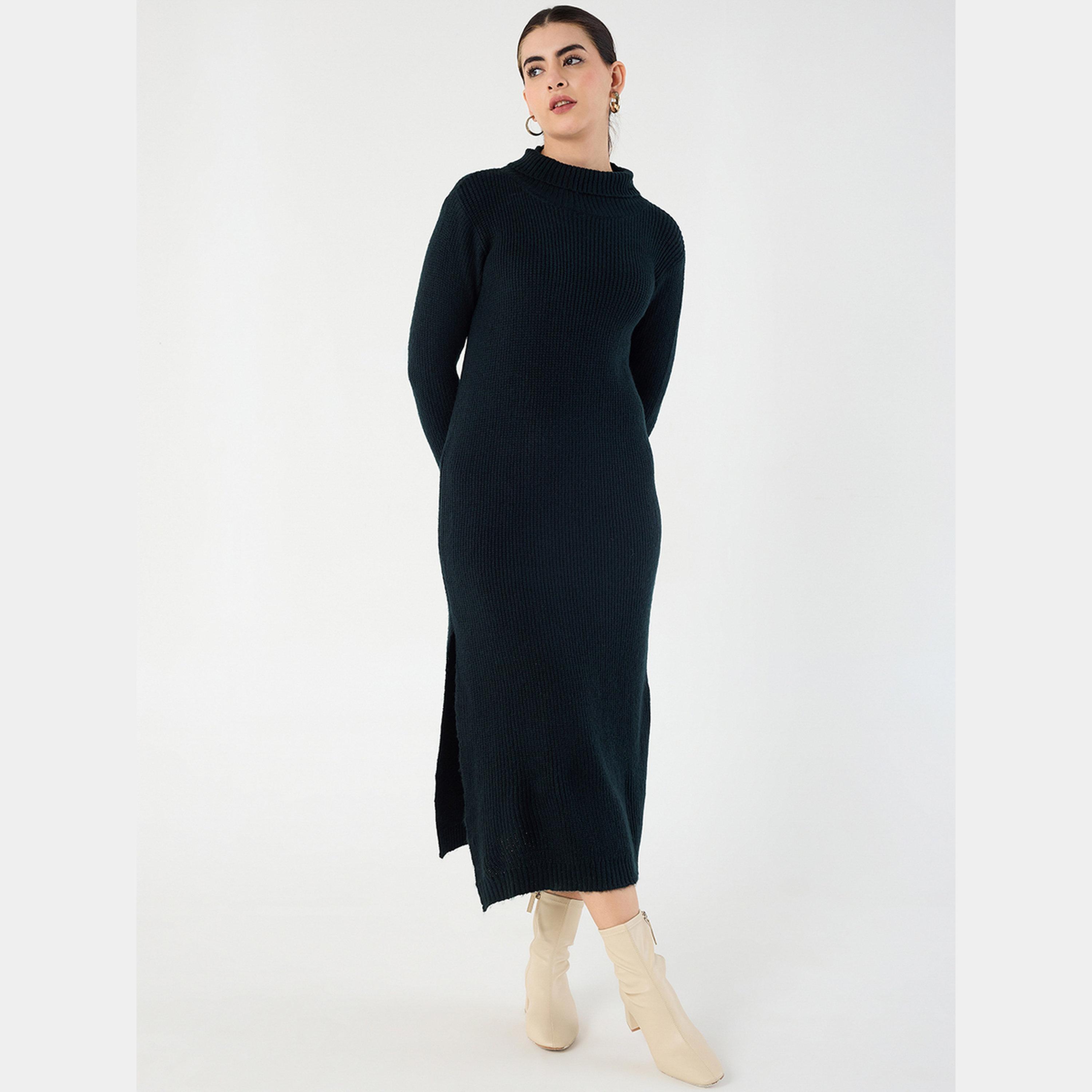 Femmella Black Textured High Neck Long Sleeves Side Slit Knitted Women's Midi Dress-women-clothing-dresses-image-1