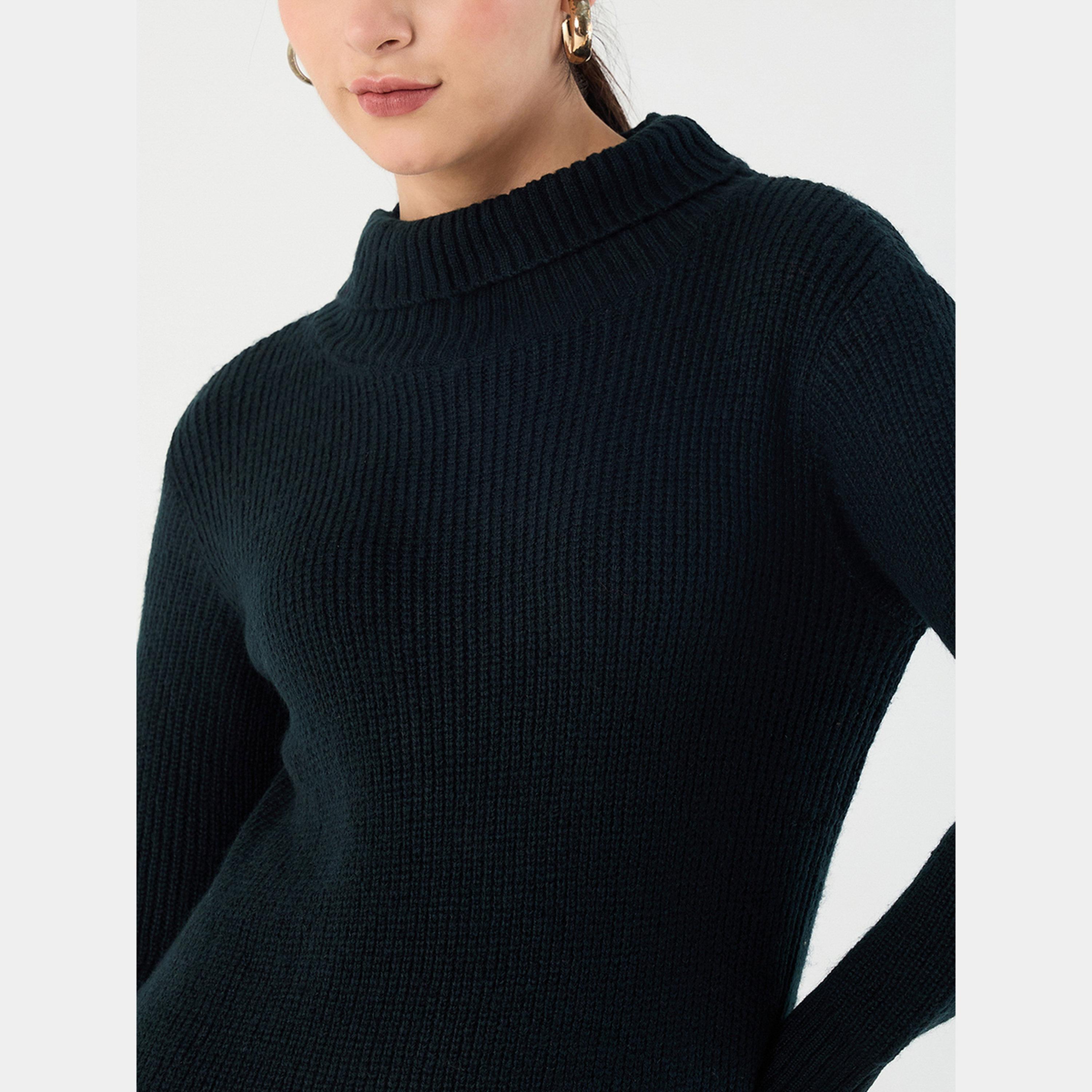 Femmella Black Textured High Neck Long Sleeves Side Slit Knitted Women's Midi Dress-women-clothing-dresses-image-2
