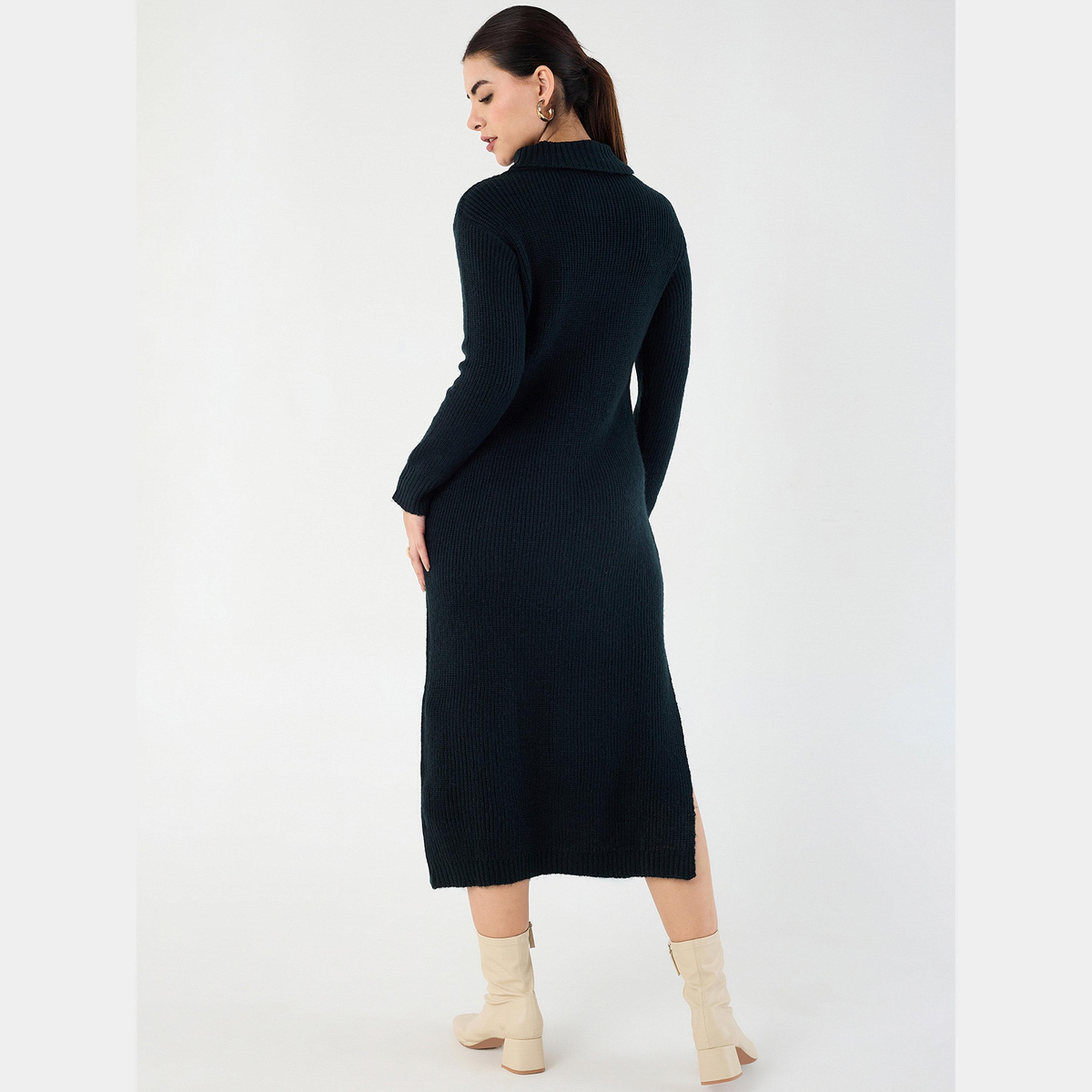 Femmella Black Textured High Neck Long Sleeves Side Slit Knitted Women's Midi Dress-women-clothing-dresses-image-3