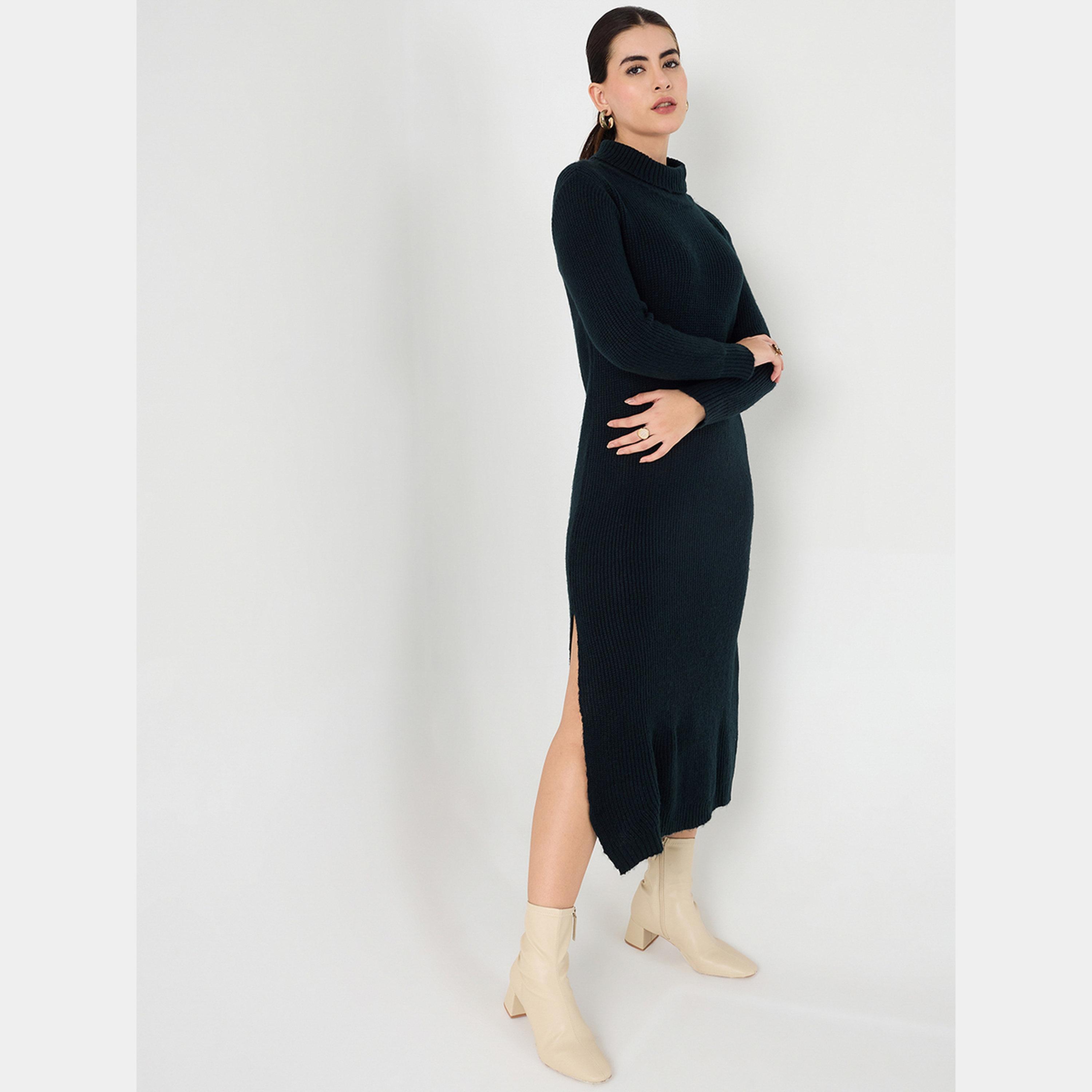 Femmella Black Textured High Neck Long Sleeves Side Slit Knitted Women's Midi Dress-women-clothing-dresses-image-4