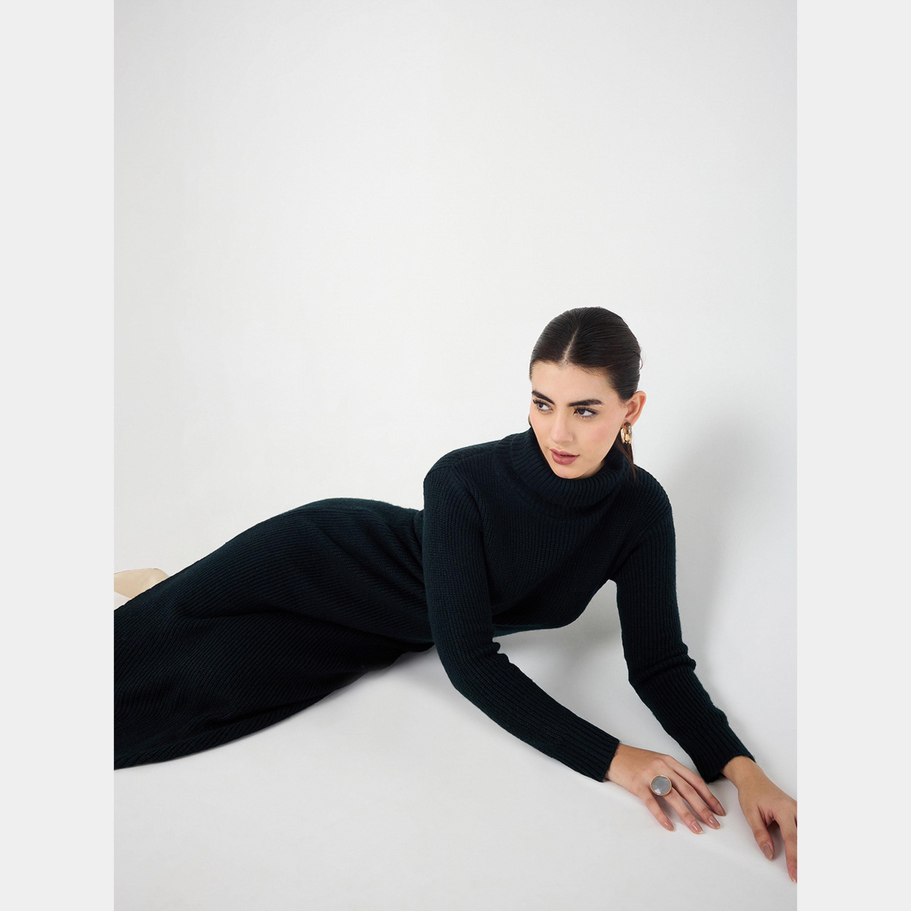 Femmella Black Textured High Neck Long Sleeves Side Slit Knitted Women's Midi Dress-women-clothing-dresses-image-5