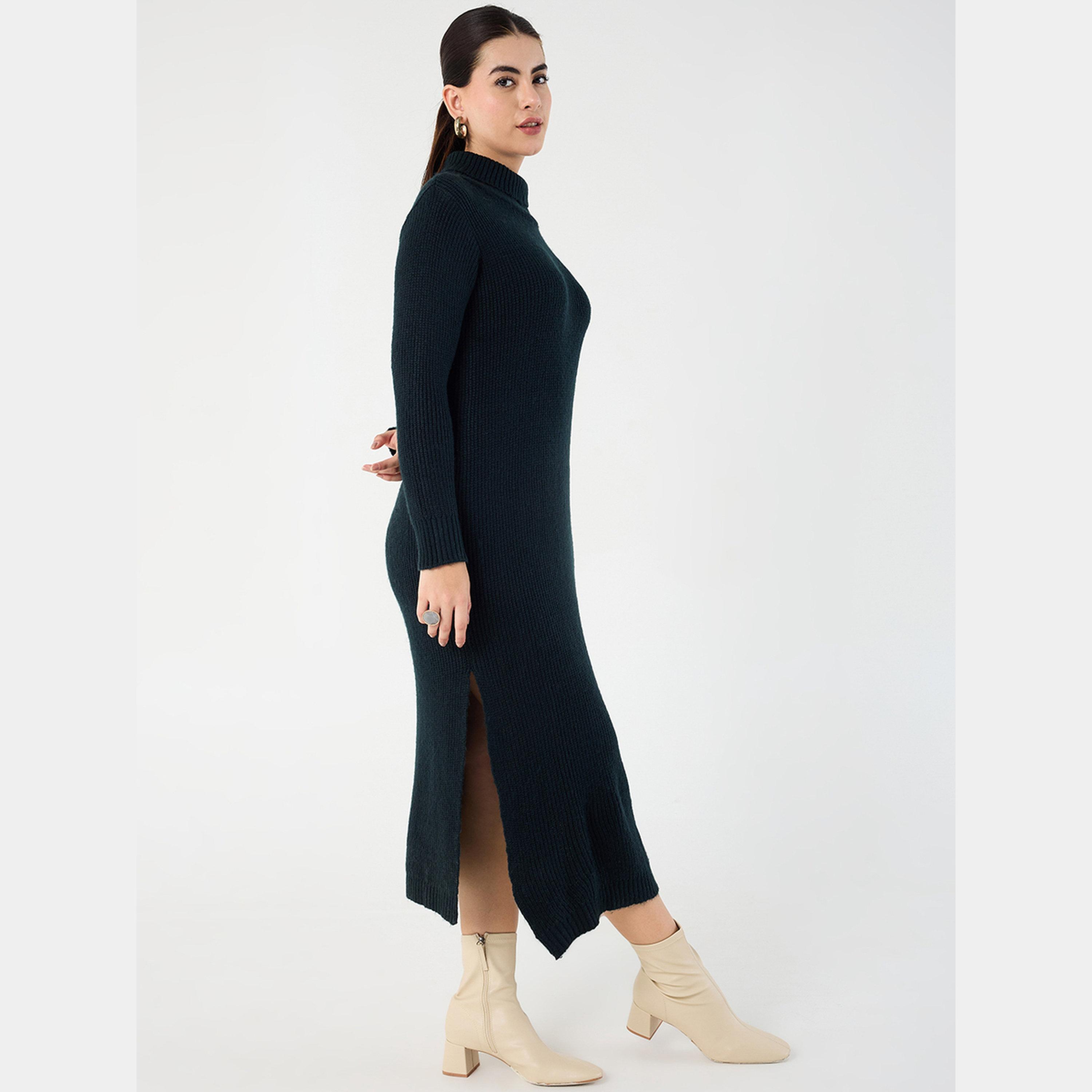 Femmella Black Textured High Neck Long Sleeves Side Slit Knitted Women's Midi Dress-women-clothing-dresses-image-6