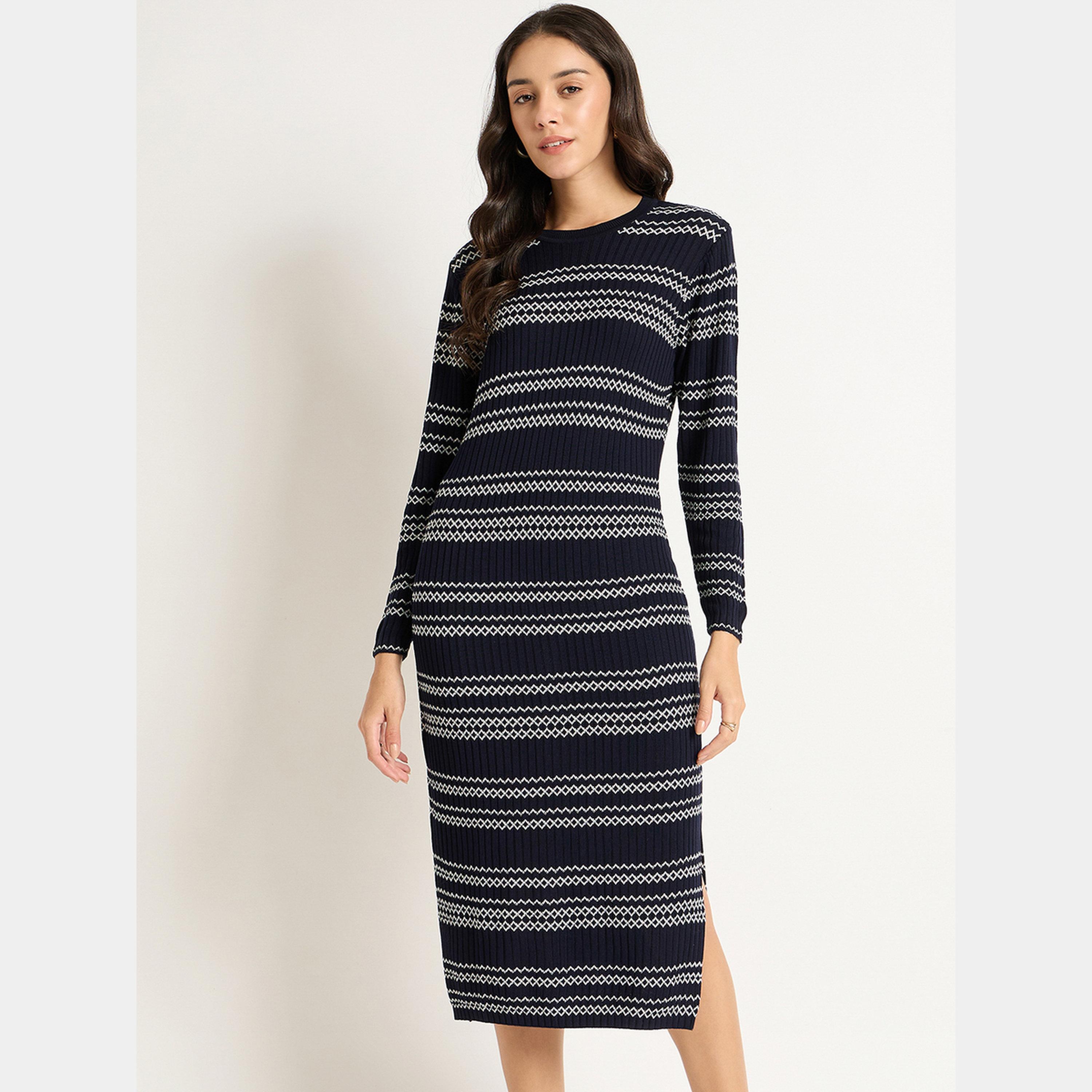 فيميلا - فستان نسائي متوسط ​​الطول محبوك بأكمام طويلة وياقة دائرية ومخطط-women-clothing-dresses-image-1