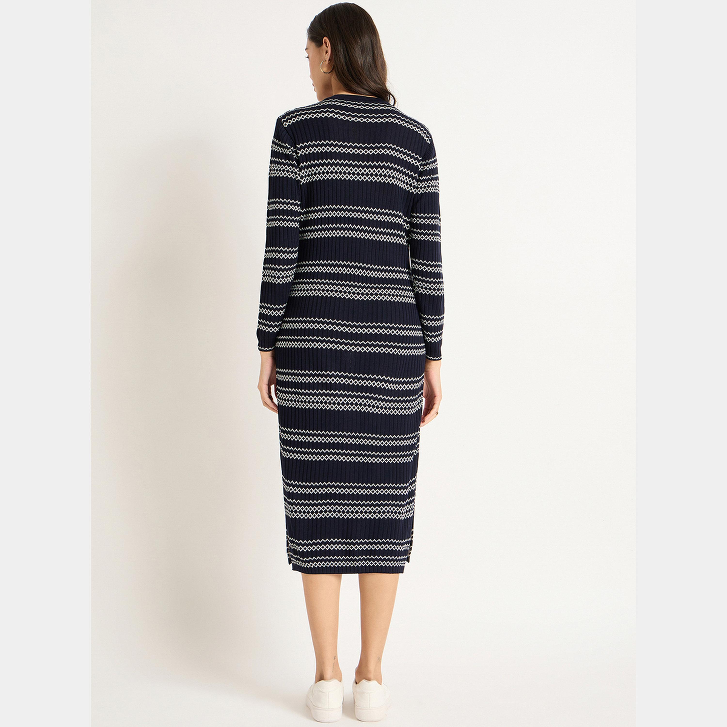 فيميلا - فستان نسائي متوسط ​​الطول محبوك بأكمام طويلة وياقة دائرية ومخطط-women-clothing-dresses-image-3