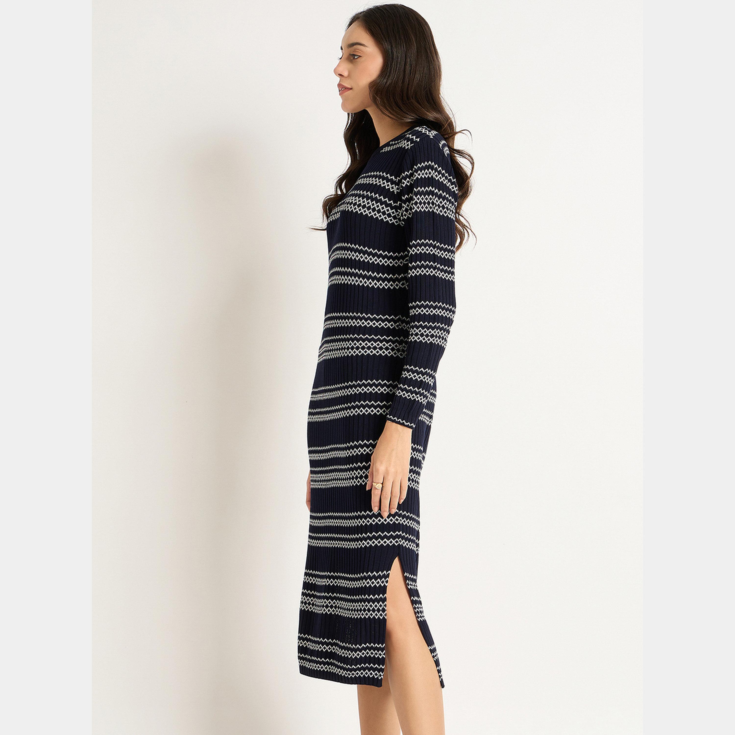 فيميلا - فستان نسائي متوسط ​​الطول محبوك بأكمام طويلة وياقة دائرية ومخطط-women-clothing-dresses-image-4