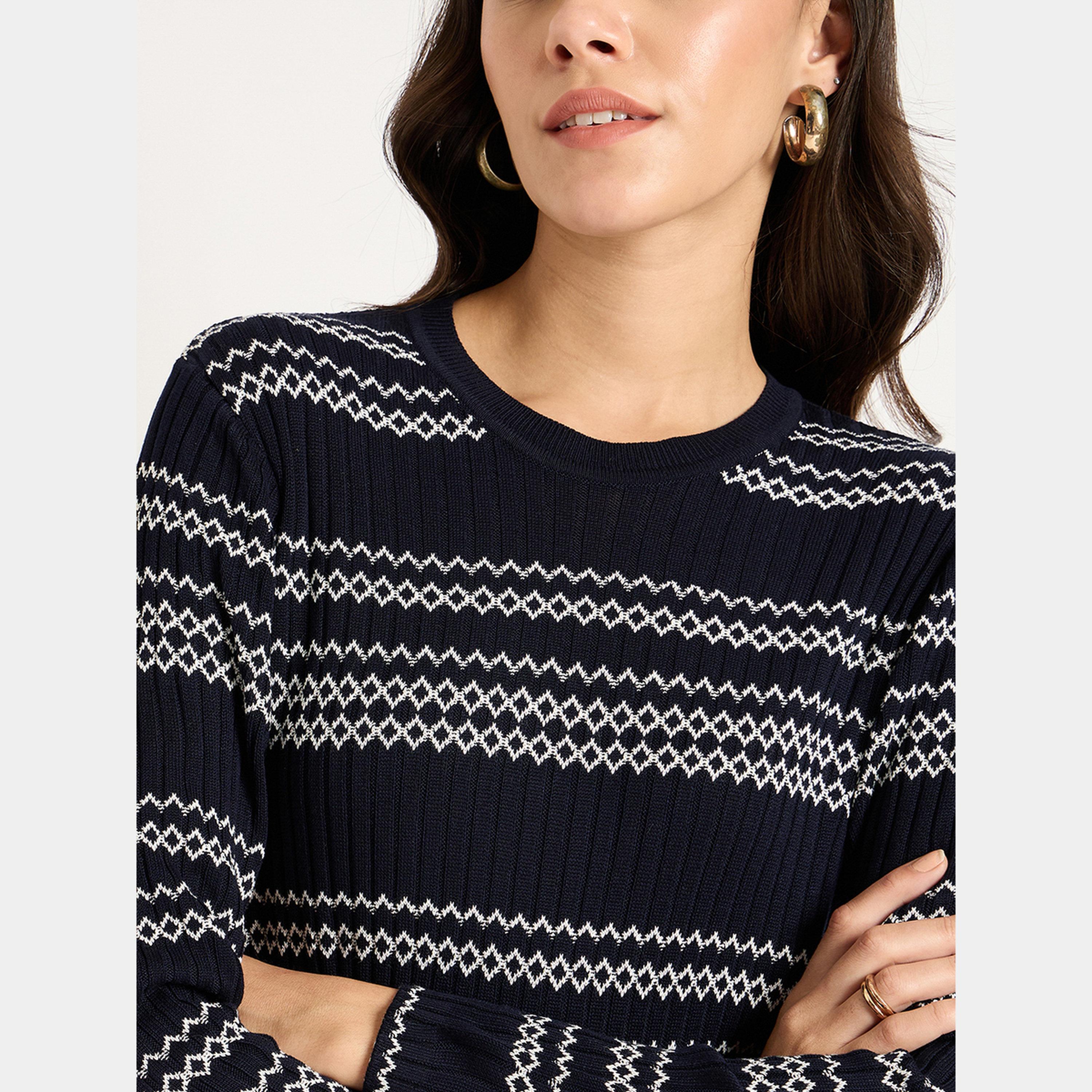 فيميلا - فستان نسائي متوسط ​​الطول محبوك بأكمام طويلة وياقة دائرية ومخطط-women-clothing-dresses-image-5