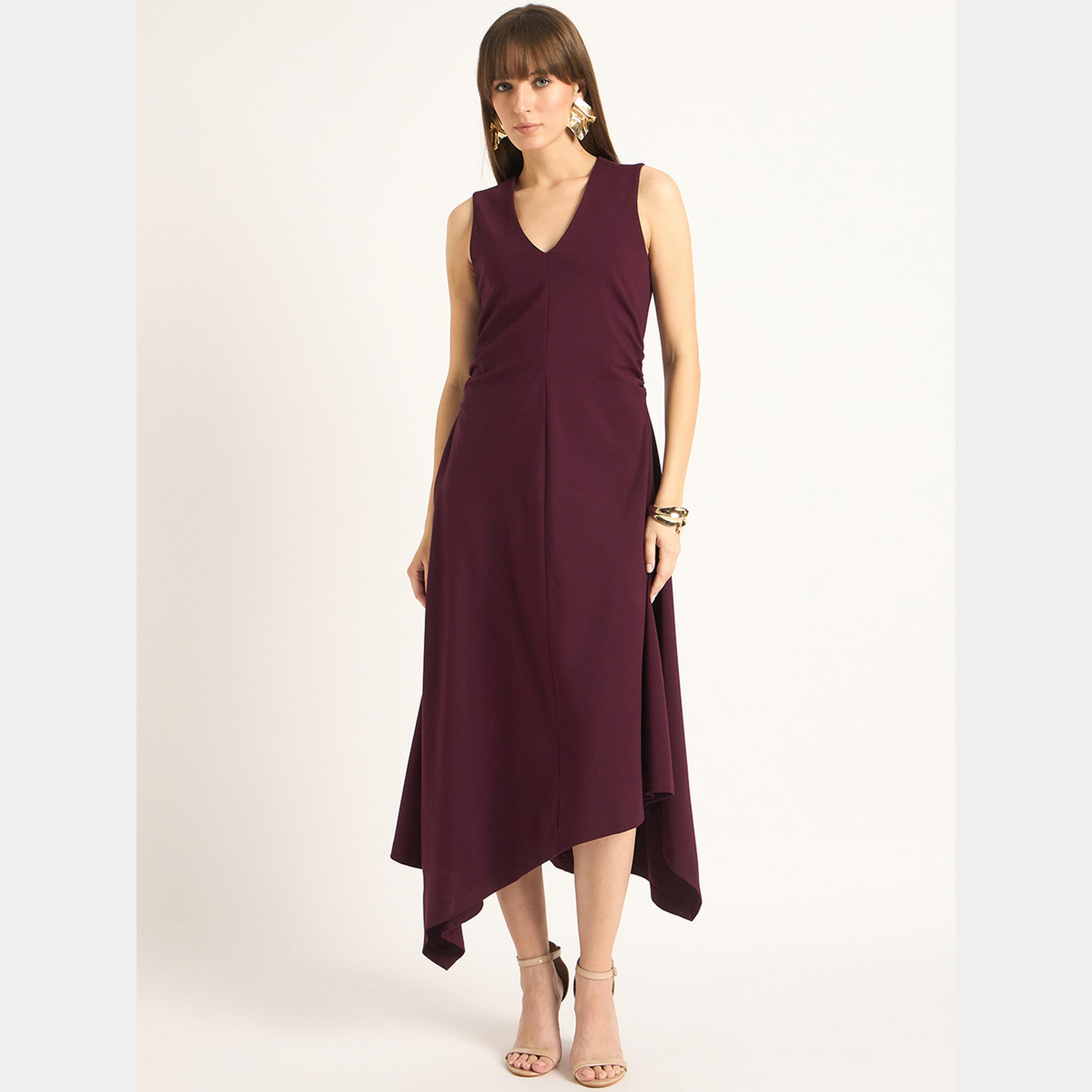 Femmella Wine V-Neck Sleeveless Women's Asymmetrical Hem Maxi Dress-women-clothing-dresses-image-1
