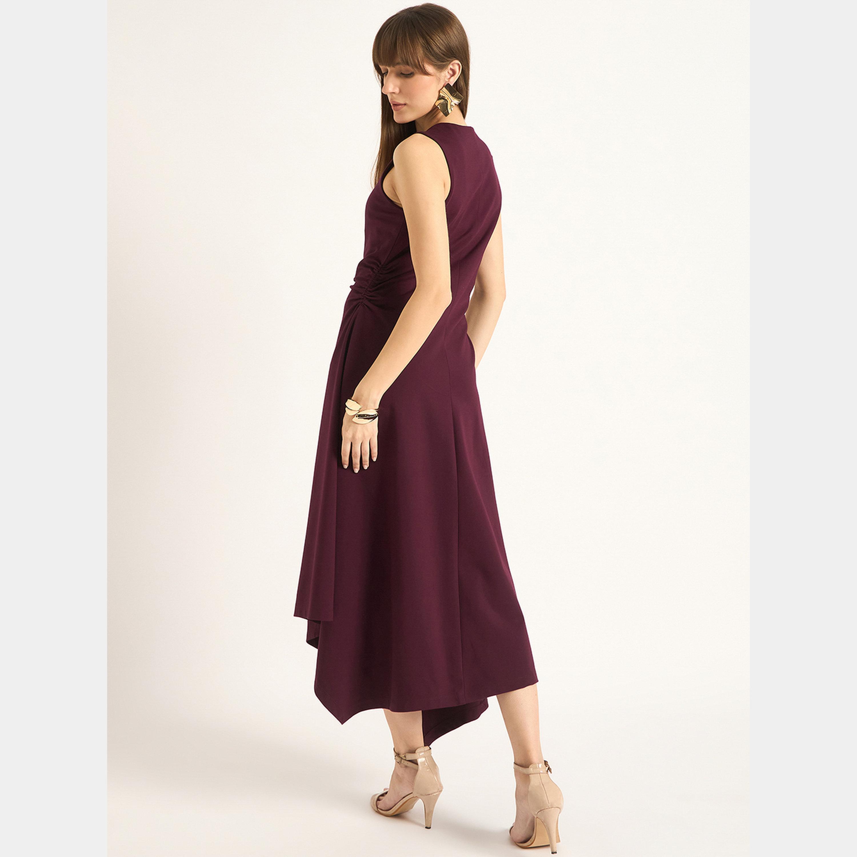 Femmella Wine V-Neck Sleeveless Women's Asymmetrical Hem Maxi Dress-women-clothing-dresses-image-2