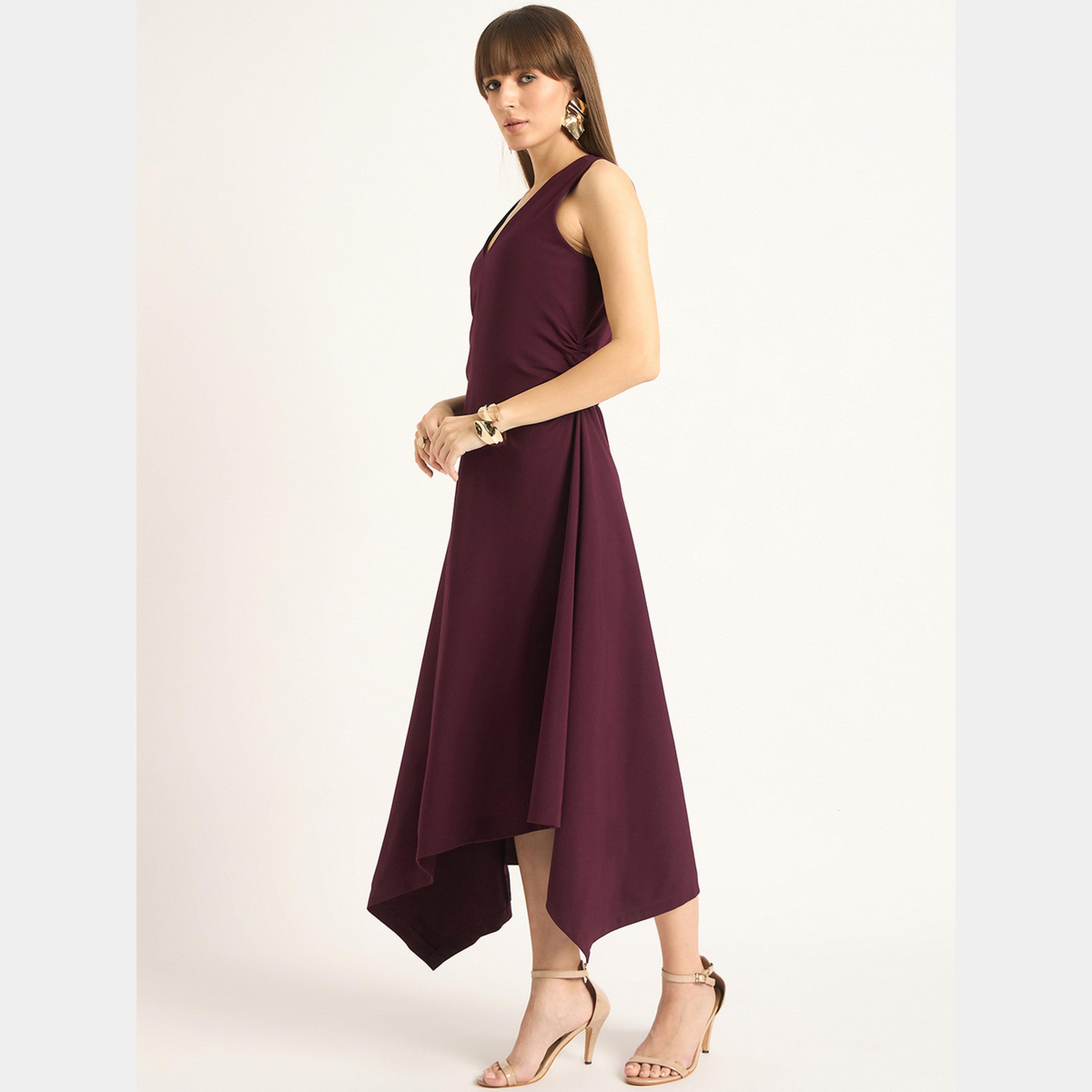 Femmella Wine V-Neck Sleeveless Women's Asymmetrical Hem Maxi Dress-women-clothing-dresses-image-3