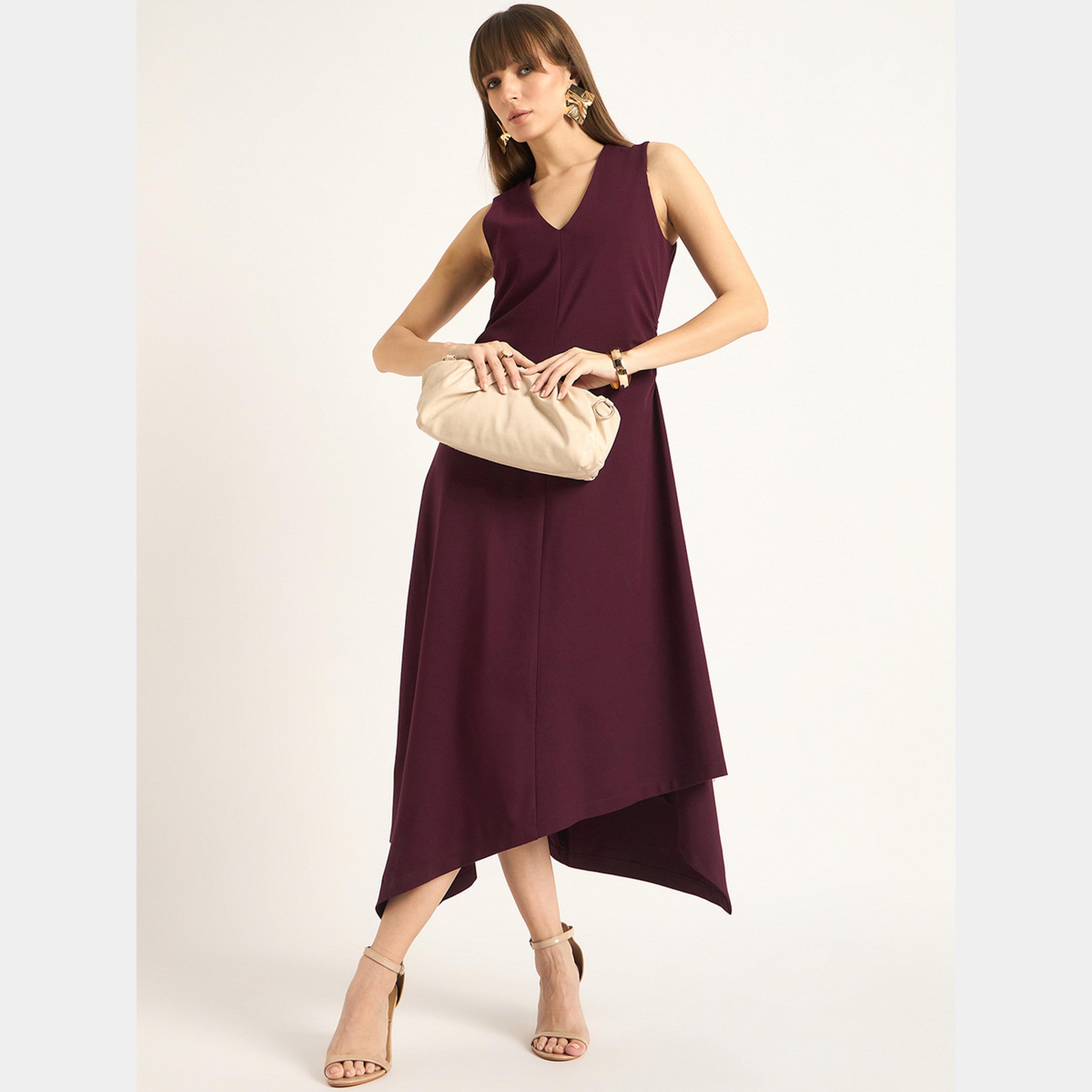 Femmella Wine V-Neck Sleeveless Women's Asymmetrical Hem Maxi Dress-women-clothing-dresses-image-5