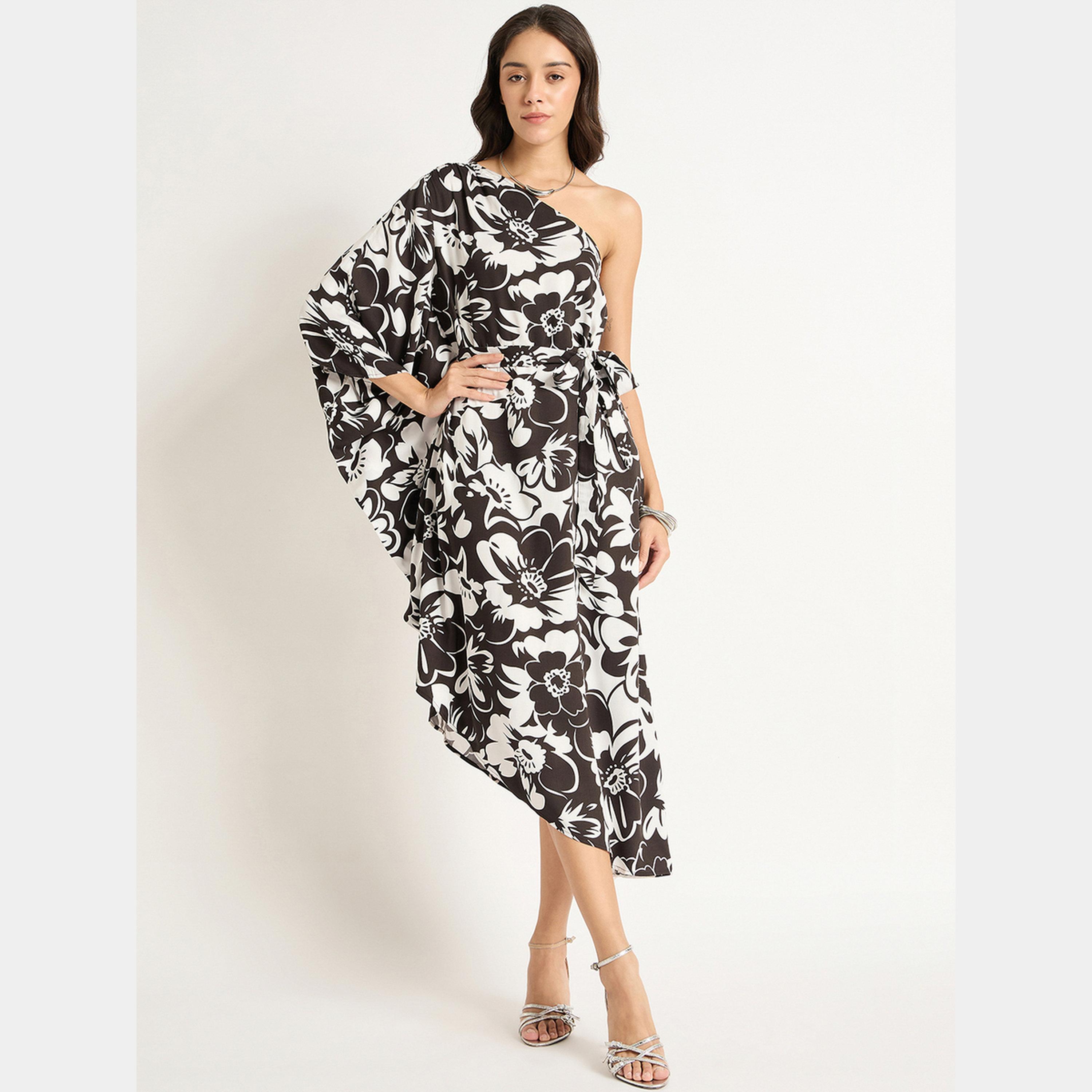 Femmella Black Floral Asymmetrical One Shoulder Women's Hem Midi Dress-women-clothing-dresses-image-1