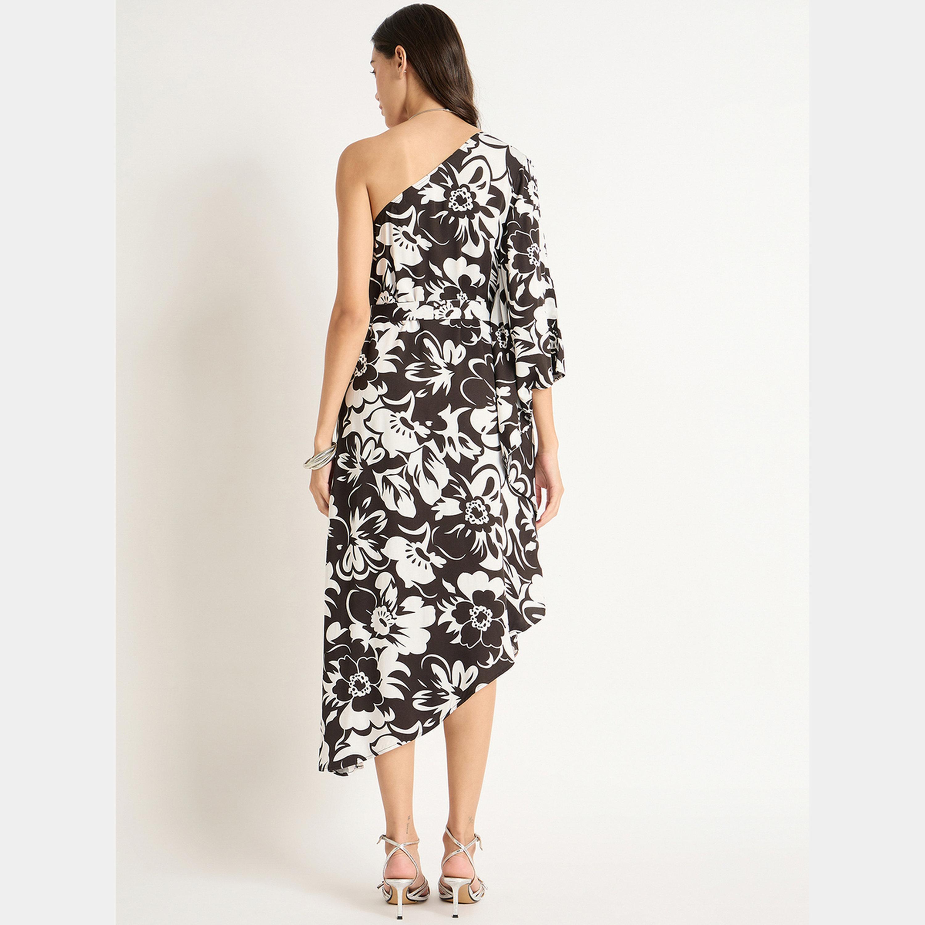 Femmella Black Floral Asymmetrical One Shoulder Women's Hem Midi Dress-women-clothing-dresses-image-2