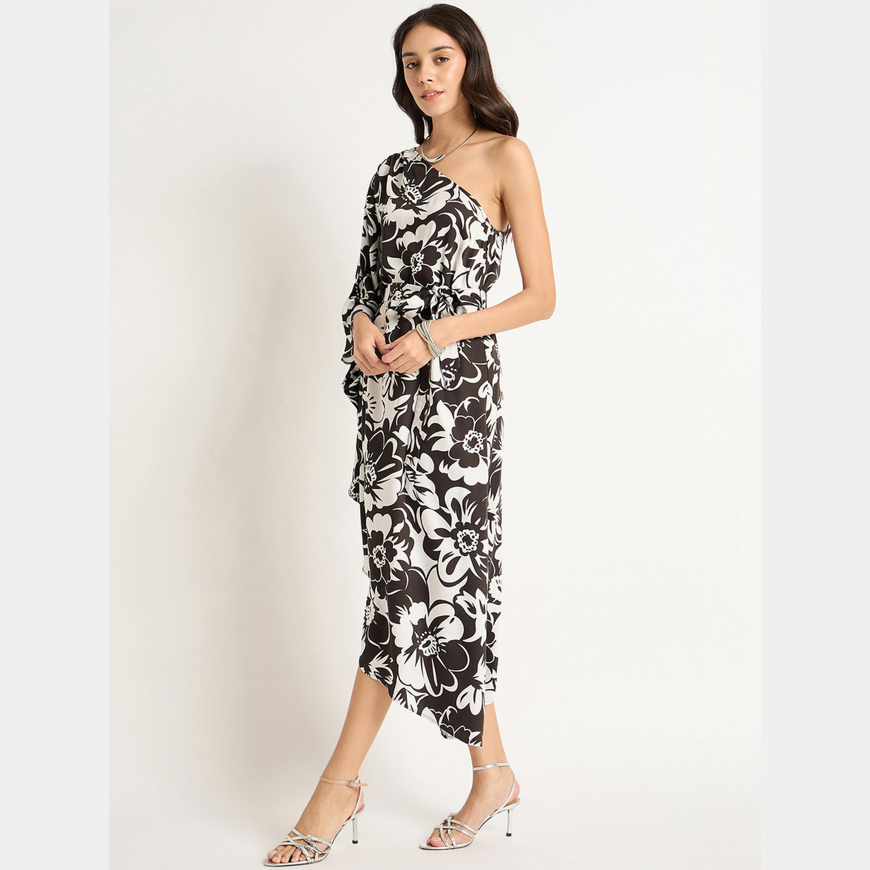 فيميلا - فستان نسائي أسود متوسط ​​الطول بكتف واحد غير متماثل ومزين بنقشة زهور-women-clothing-dresses-image-3