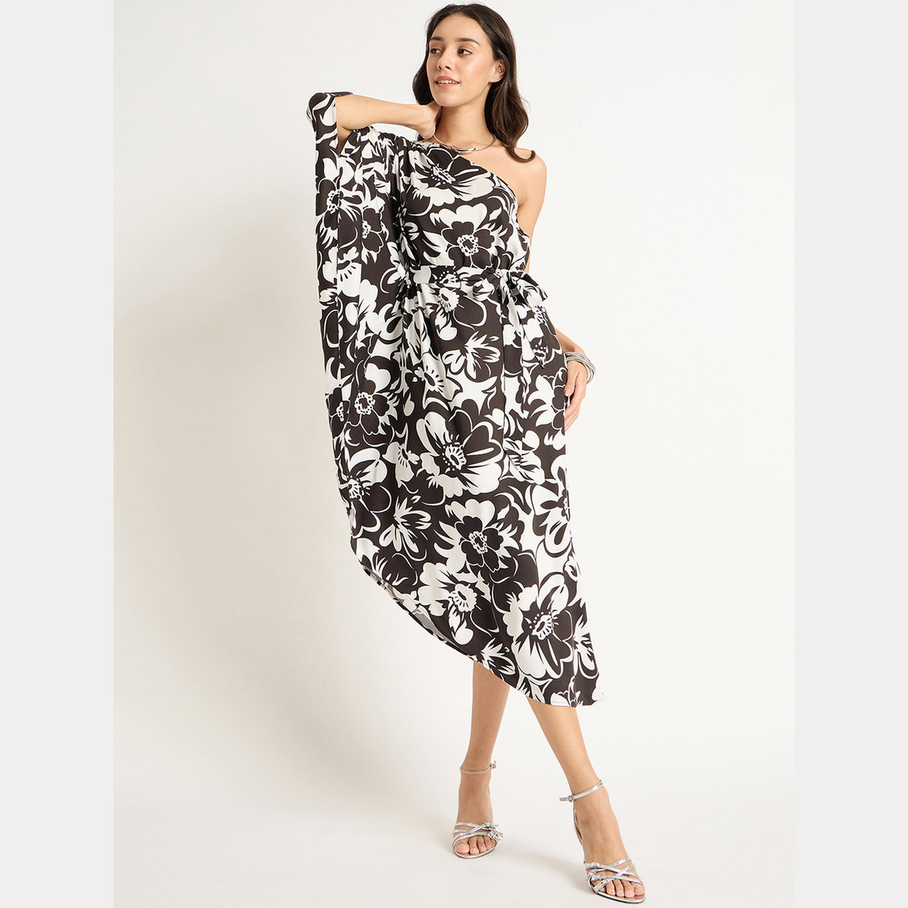 Femmella Black Floral Asymmetrical One Shoulder Women's Hem Midi Dress-women-clothing-dresses-image-6