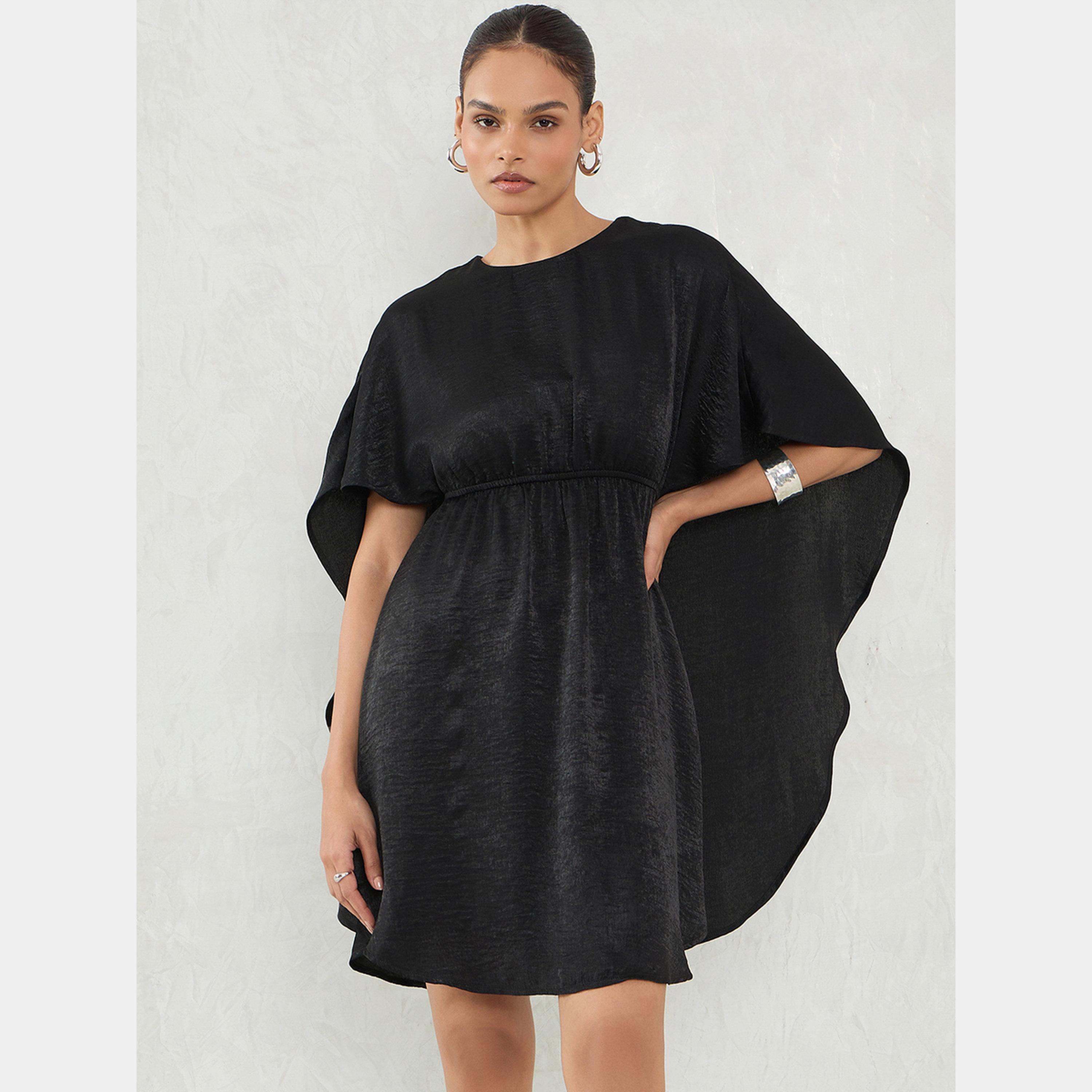 Femmella Black Satin Round Neck Cape Sleeves Women's Mini Dress-women-clothing-dresses-image-1