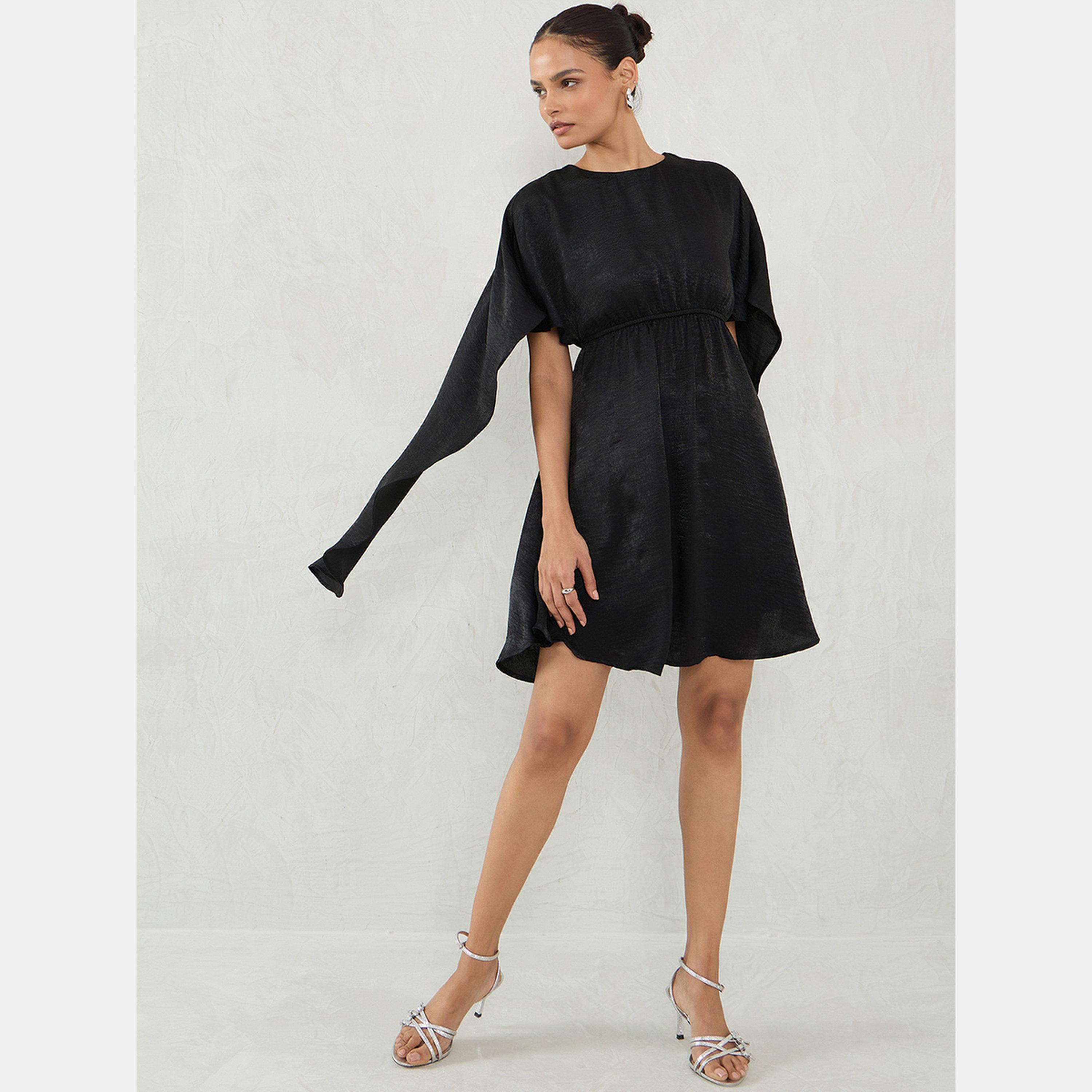 Femmella Black Satin Round Neck Cape Sleeves Women's Mini Dress-women-clothing-dresses-image-2