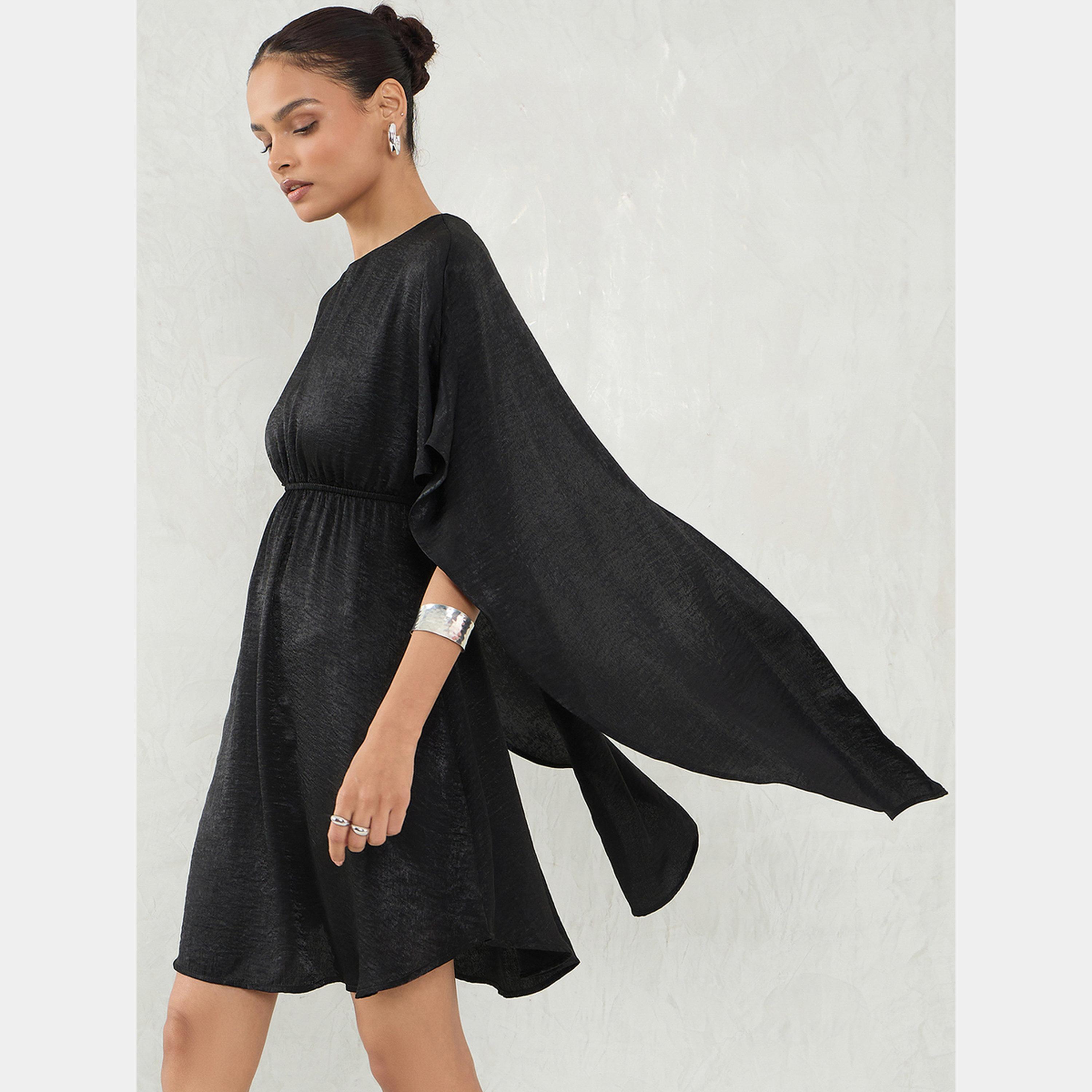 Femmella Black Satin Round Neck Cape Sleeves Women's Mini Dress-women-clothing-dresses-image-3