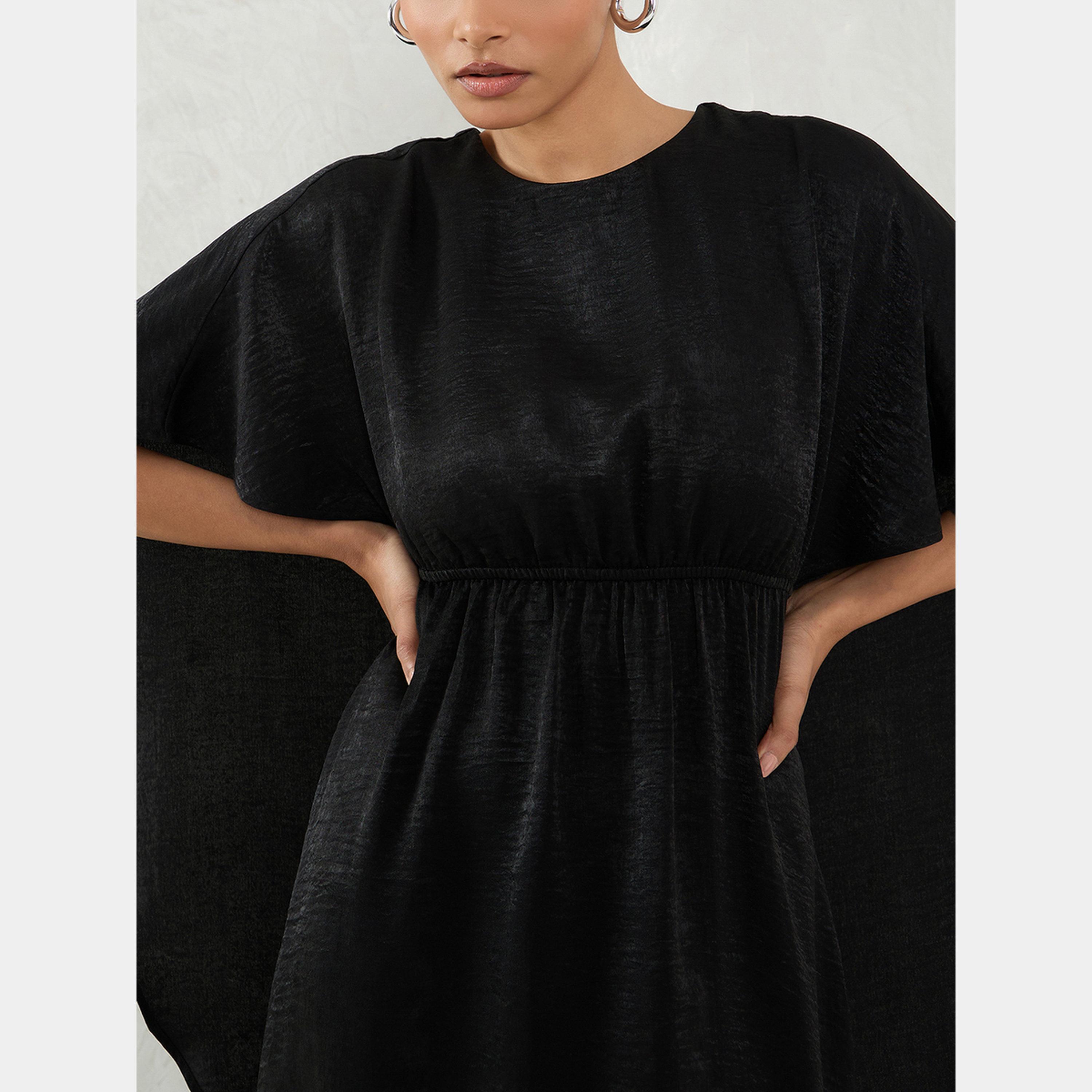 Femmella Black Satin Round Neck Cape Sleeves Women's Mini Dress-women-clothing-dresses-image-4