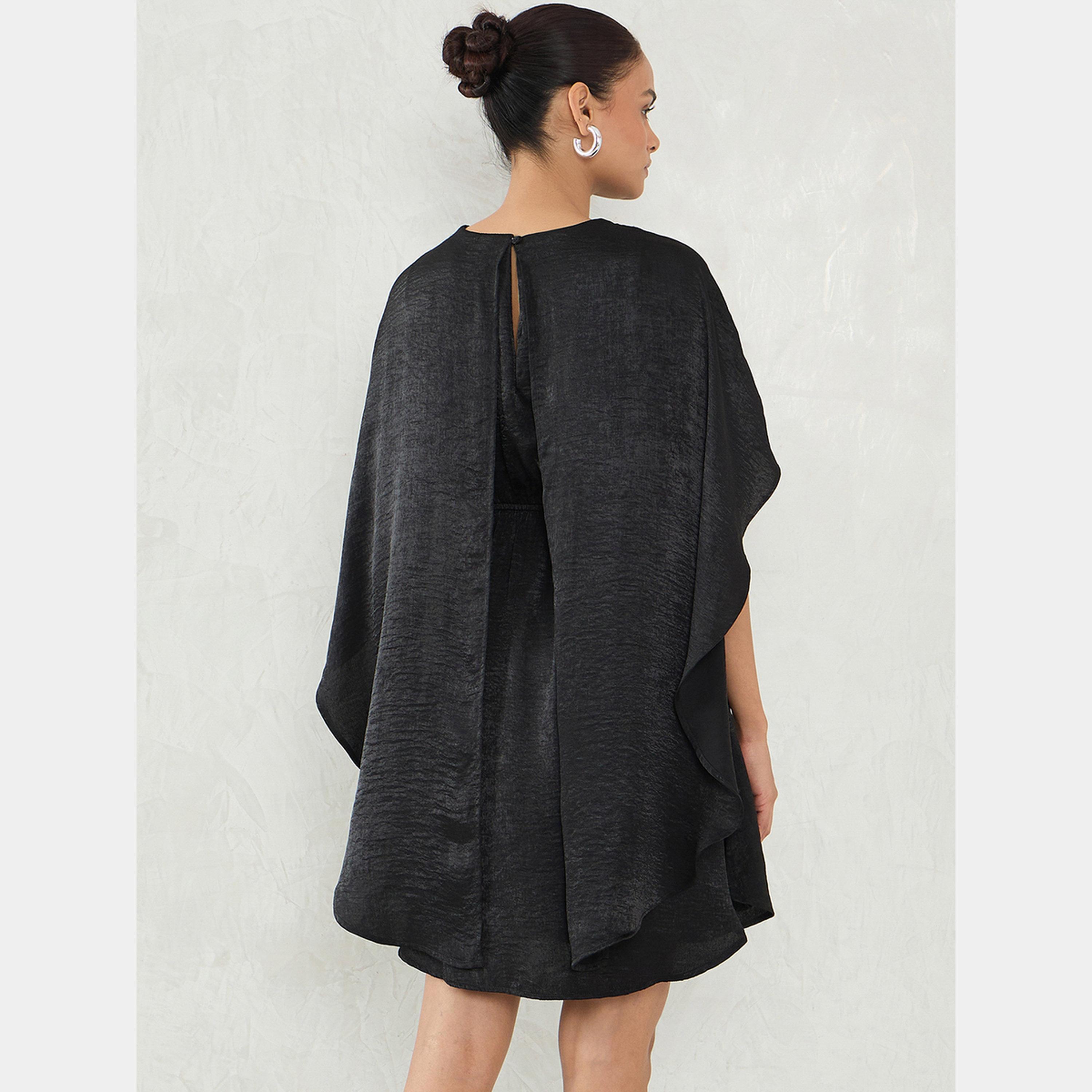 Femmella Black Satin Round Neck Cape Sleeves Women's Mini Dress-women-clothing-dresses-image-5