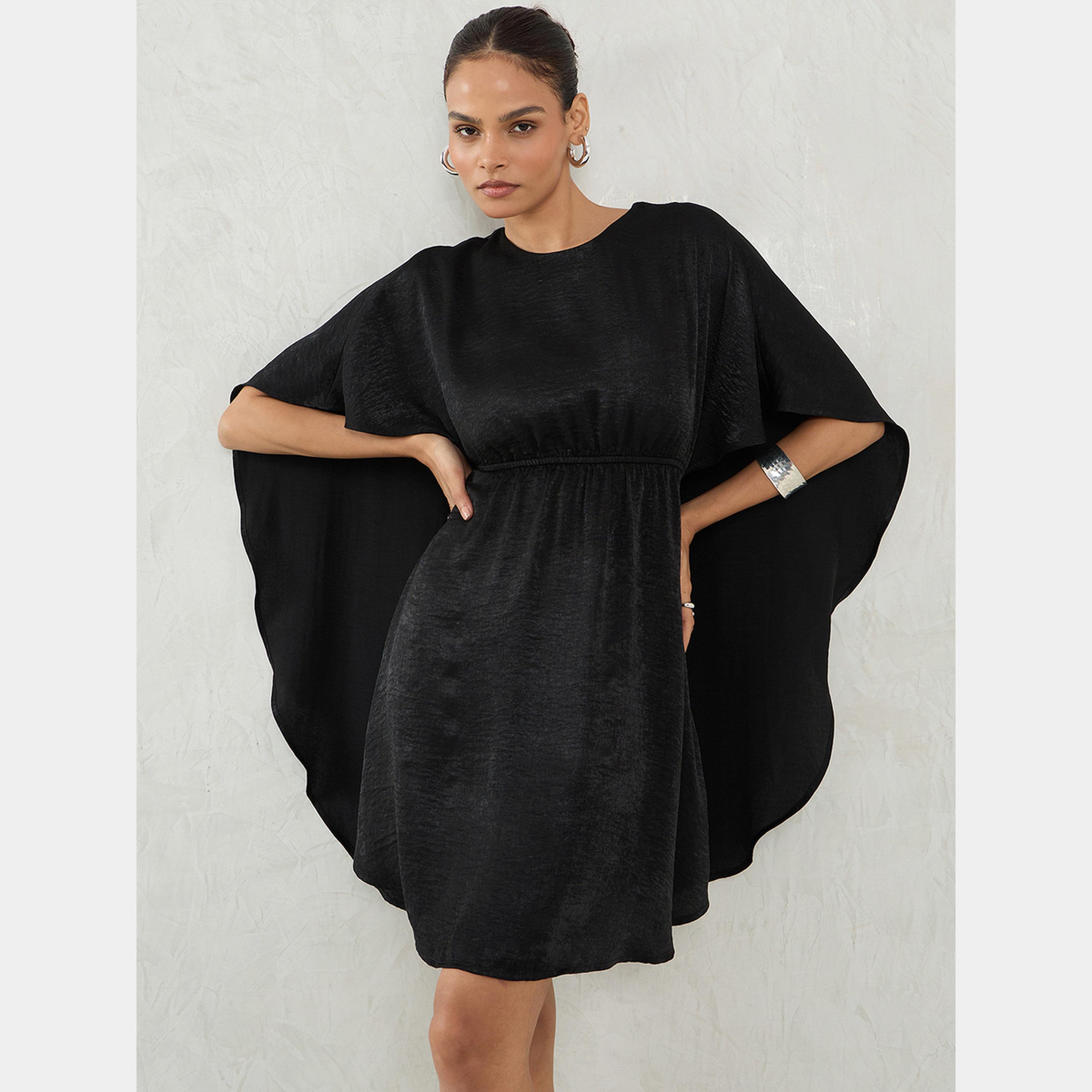 Femmella Black Satin Round Neck Cape Sleeves Women's Mini Dress-women-clothing-dresses-image-6