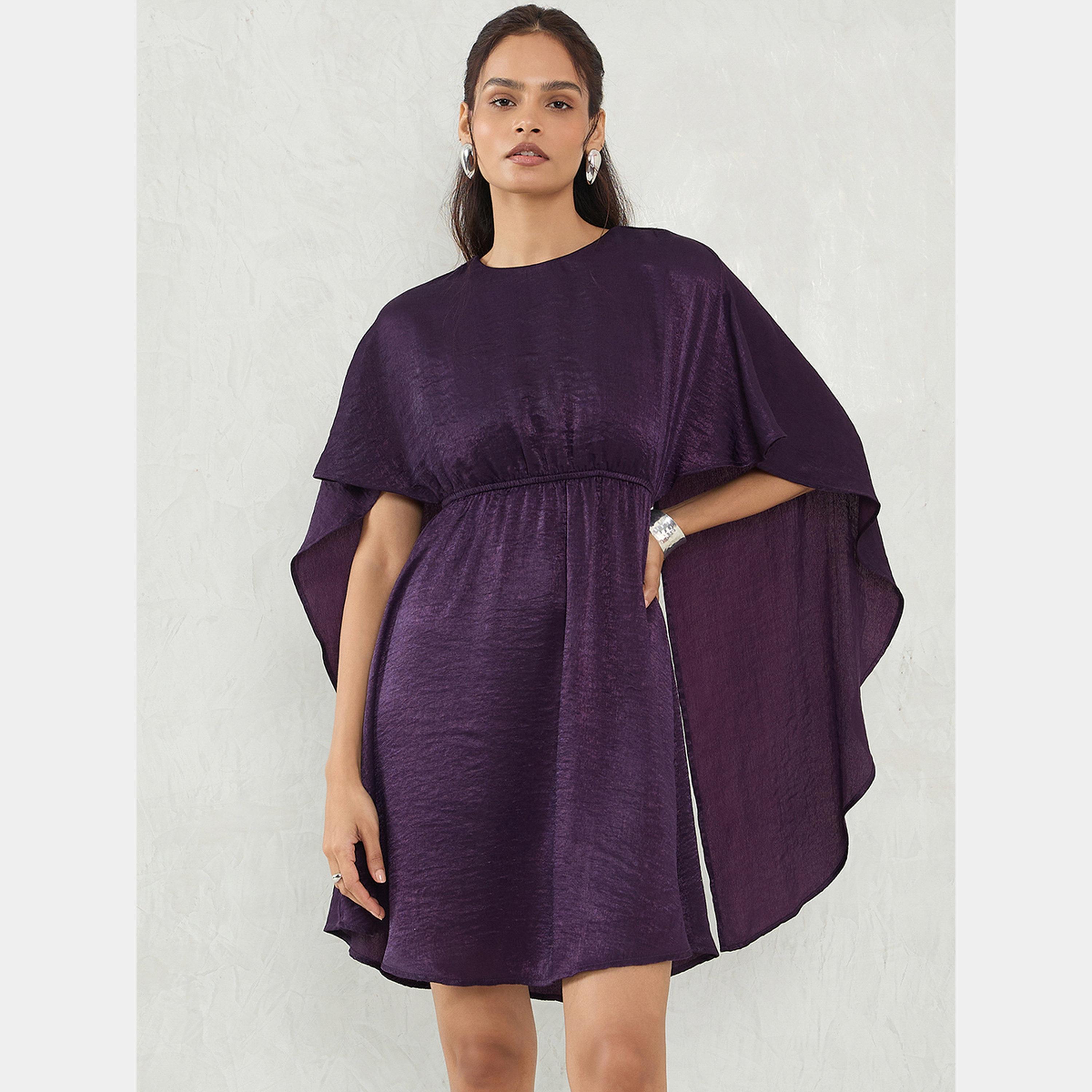 فيميلا - فستان نسائي قصير من الساتان البنفسجي برقبة دائرية وأكمام طويلة-women-clothing-dresses-image-1