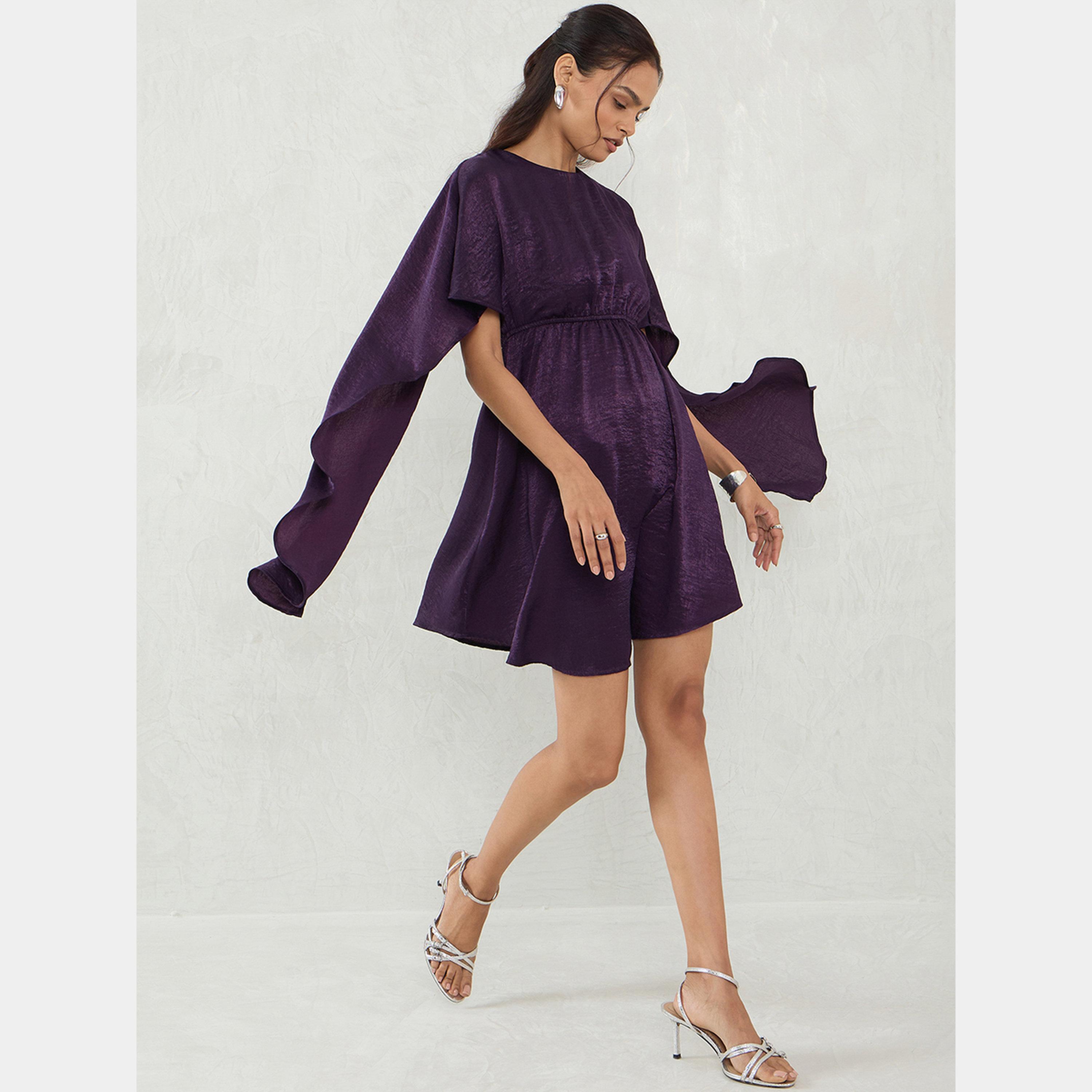 فيميلا - فستان نسائي قصير من الساتان البنفسجي برقبة دائرية وأكمام طويلة-women-clothing-dresses-image-2