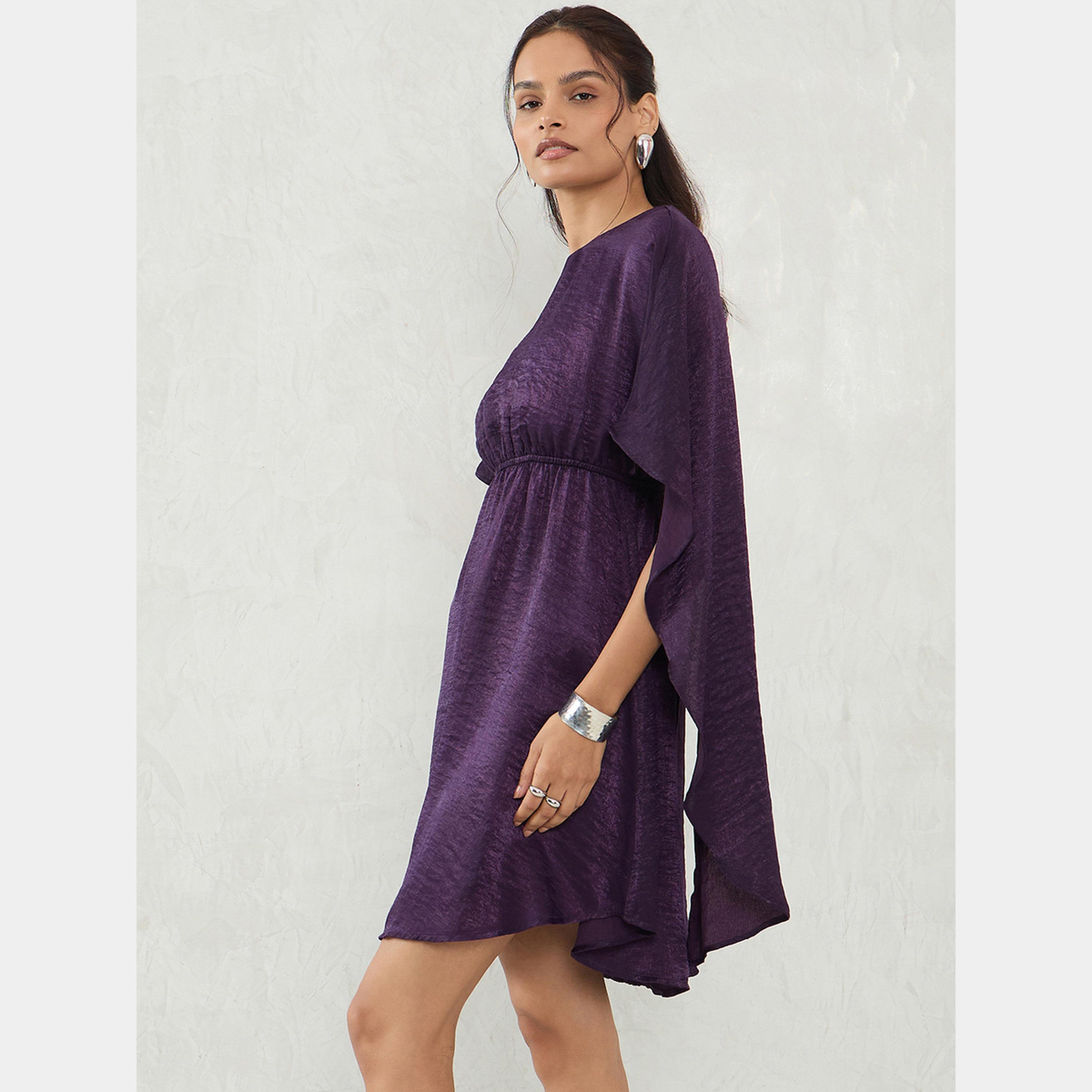 فيميلا - فستان نسائي قصير من الساتان البنفسجي برقبة دائرية وأكمام طويلة-women-clothing-dresses-image-3