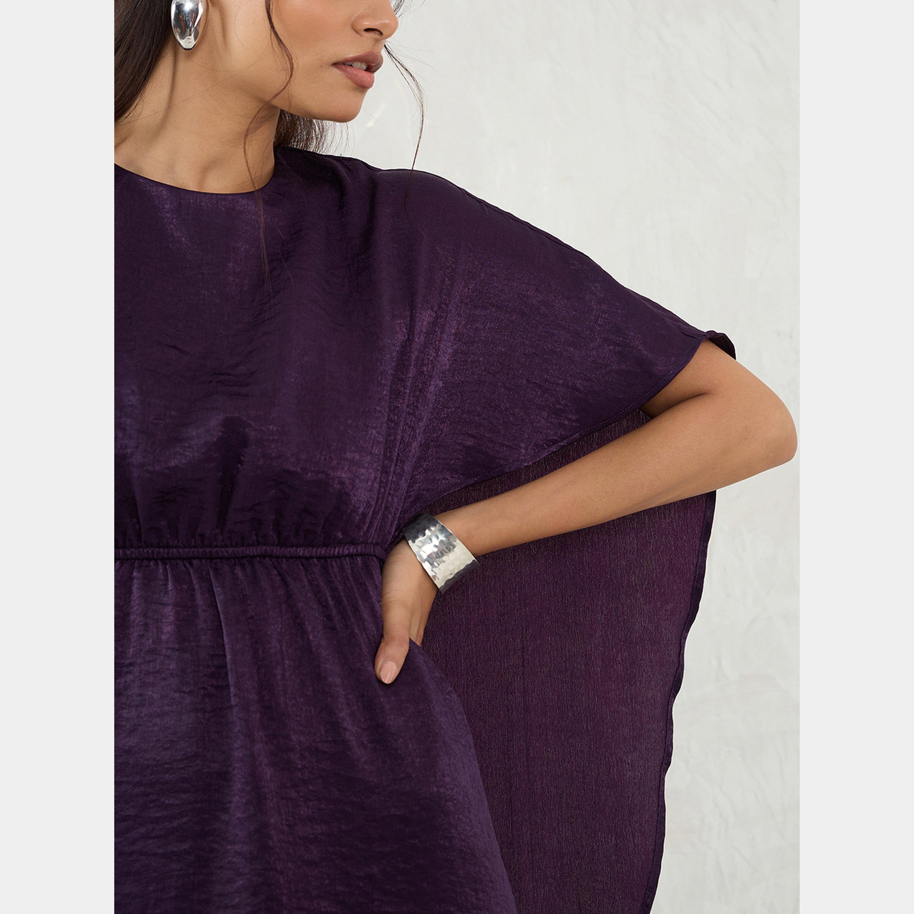فيميلا - فستان نسائي قصير من الساتان البنفسجي برقبة دائرية وأكمام طويلة-women-clothing-dresses-image-4