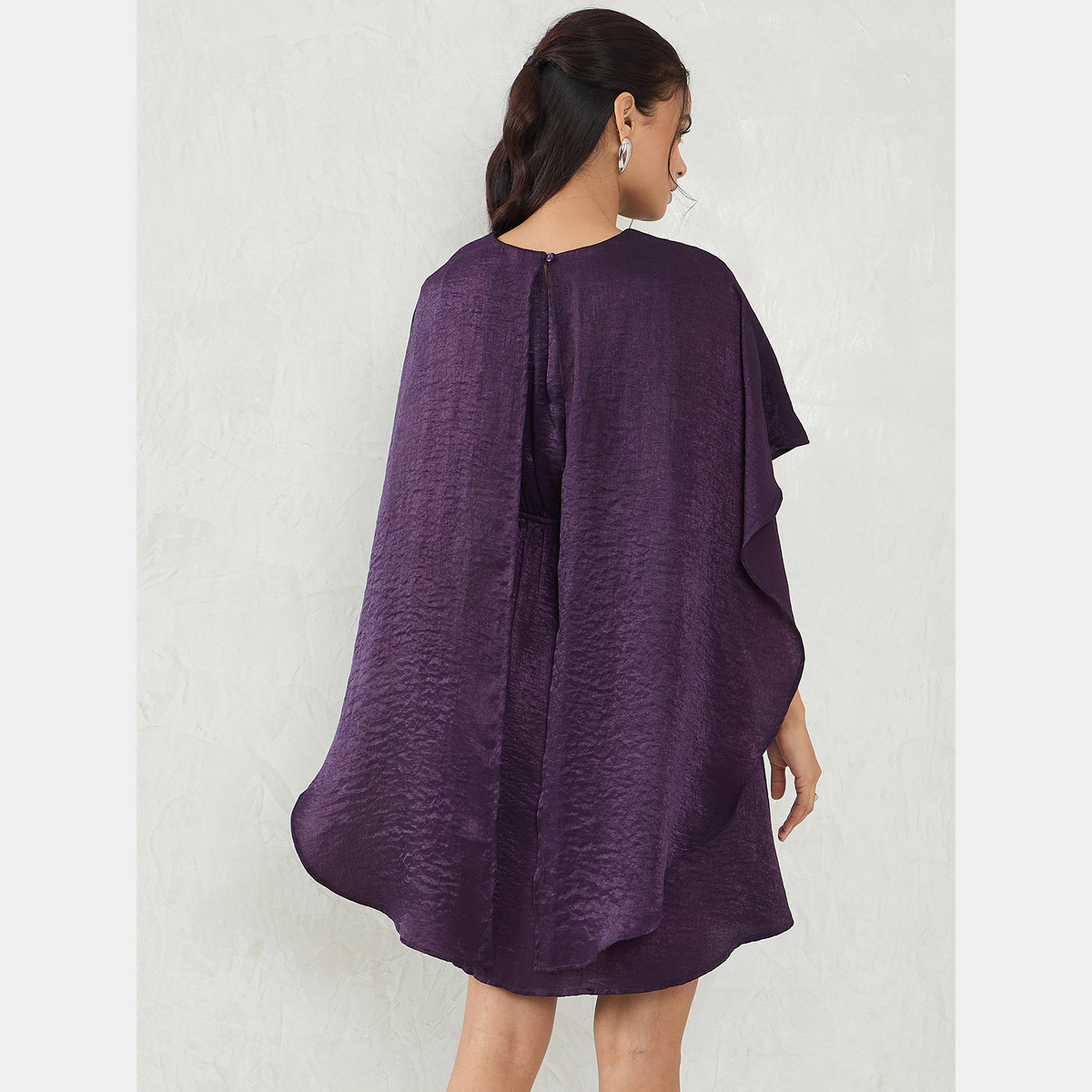 فيميلا - فستان نسائي قصير من الساتان البنفسجي برقبة دائرية وأكمام طويلة-women-clothing-dresses-image-5