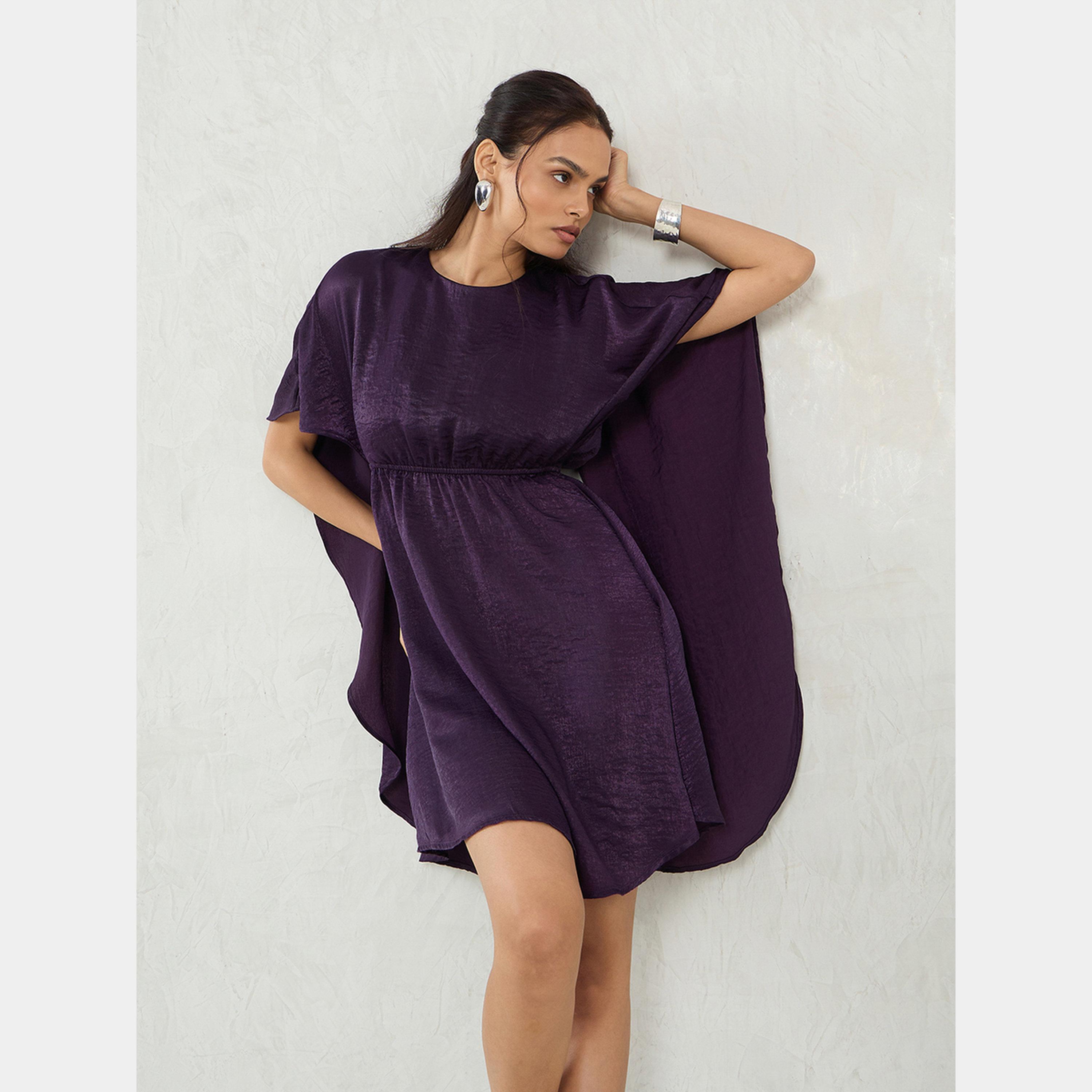 فيميلا - فستان نسائي قصير من الساتان البنفسجي برقبة دائرية وأكمام طويلة-women-clothing-dresses-image-6