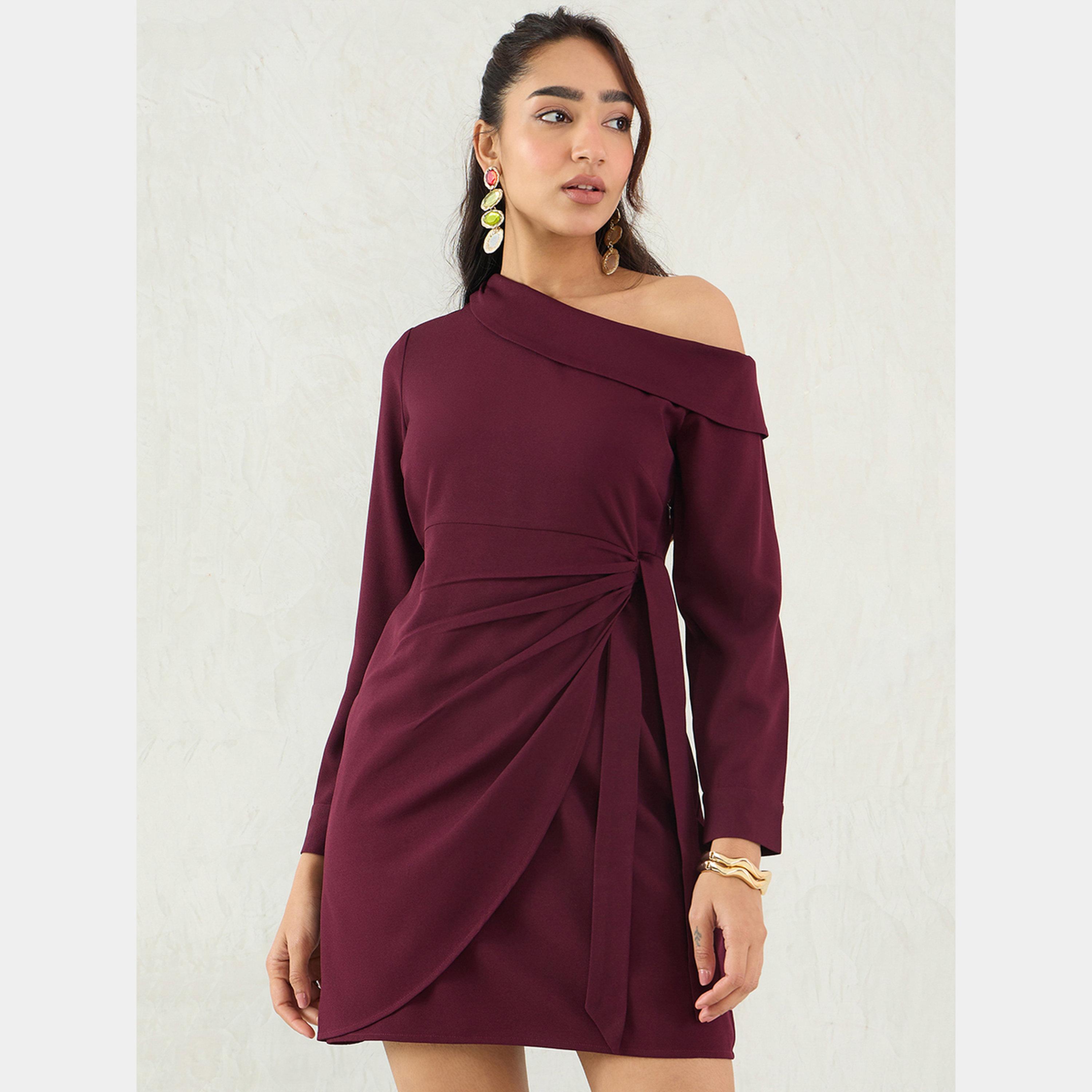 Femmella Wine One Shoulder Long Sleeves Women's Wrap Mini Dress-women-clothing-dresses-image-1