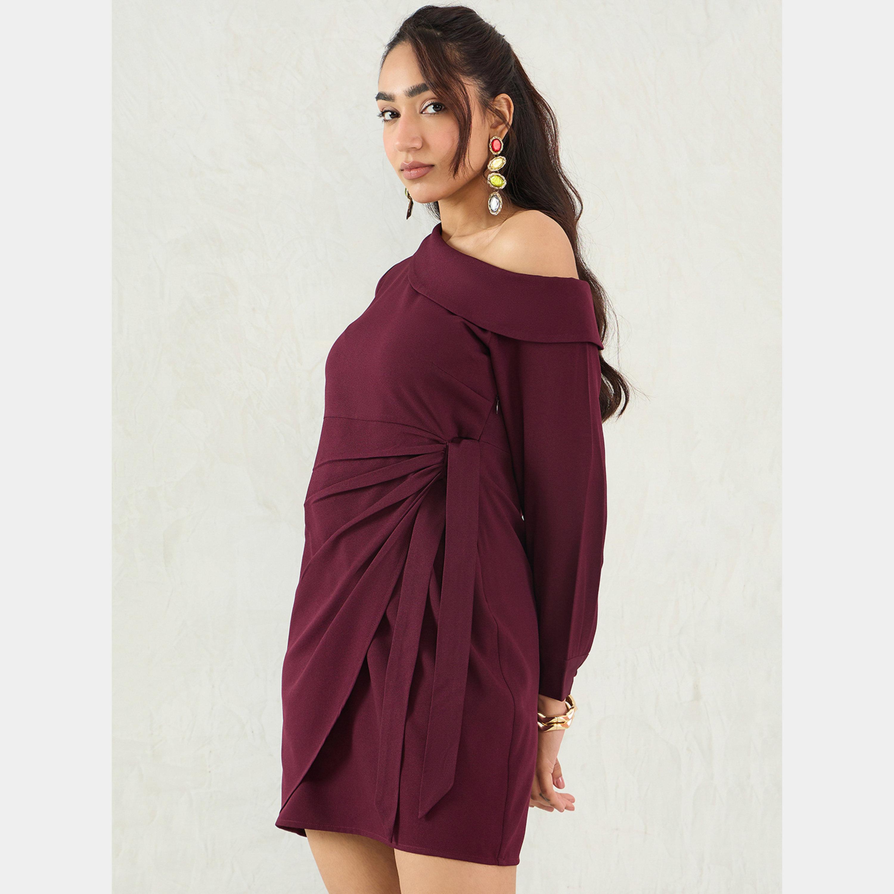 Femmella Wine One Shoulder Long Sleeves Women's Wrap Mini Dress-women-clothing-dresses-image-3