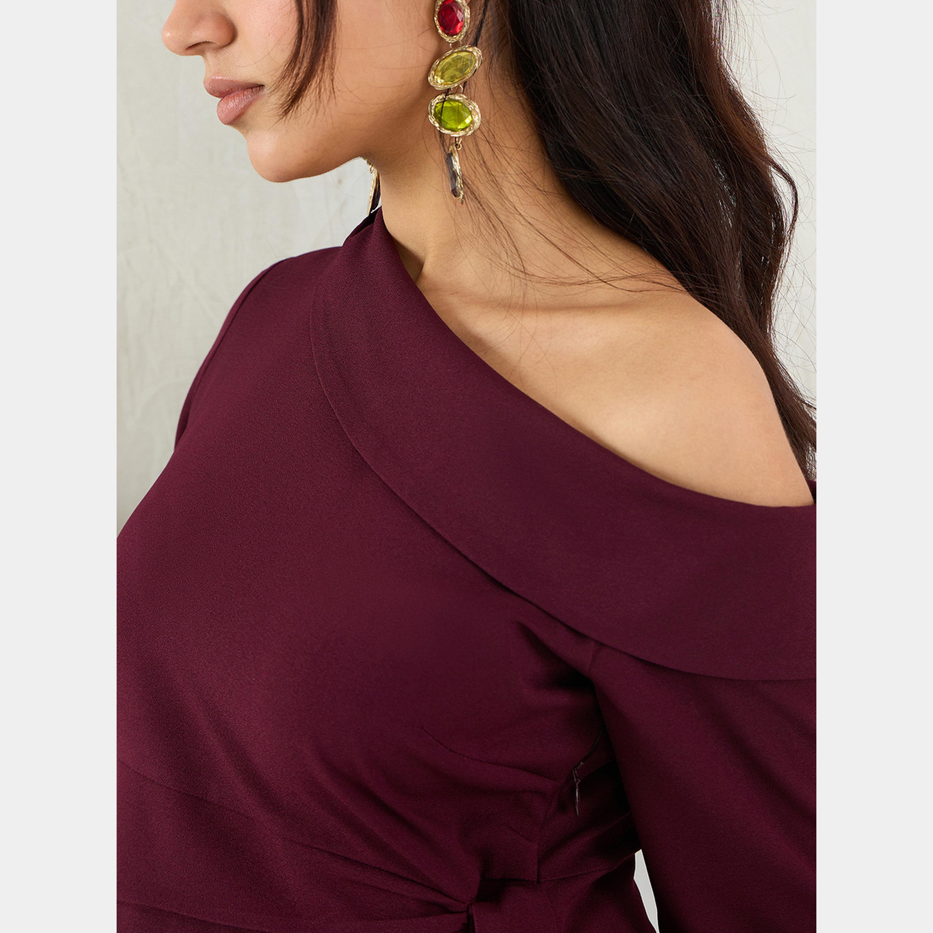 Femmella Wine One Shoulder Long Sleeves Women's Wrap Mini Dress-women-clothing-dresses-image-4