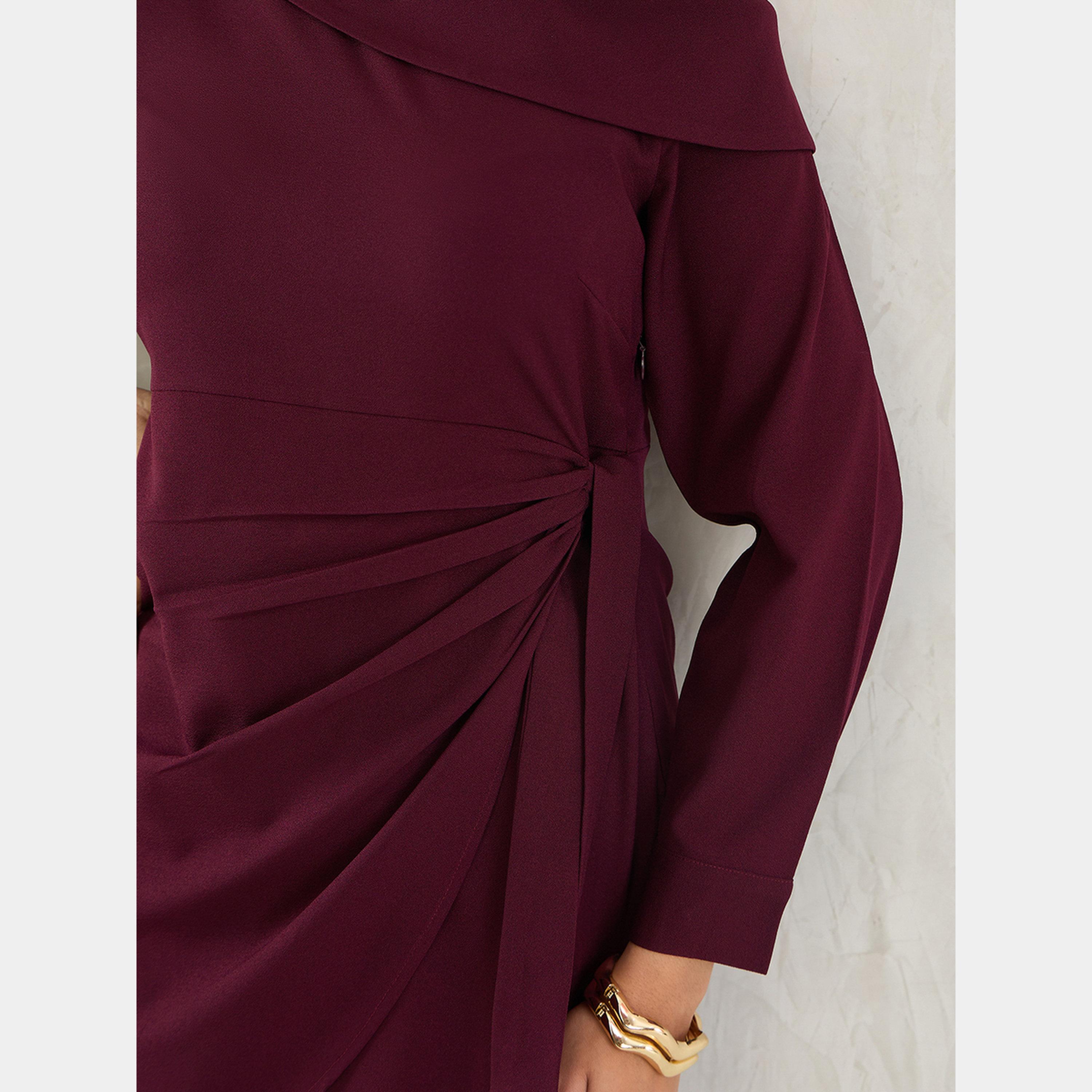 Femmella Wine One Shoulder Long Sleeves Women's Wrap Mini Dress-women-clothing-dresses-image-5
