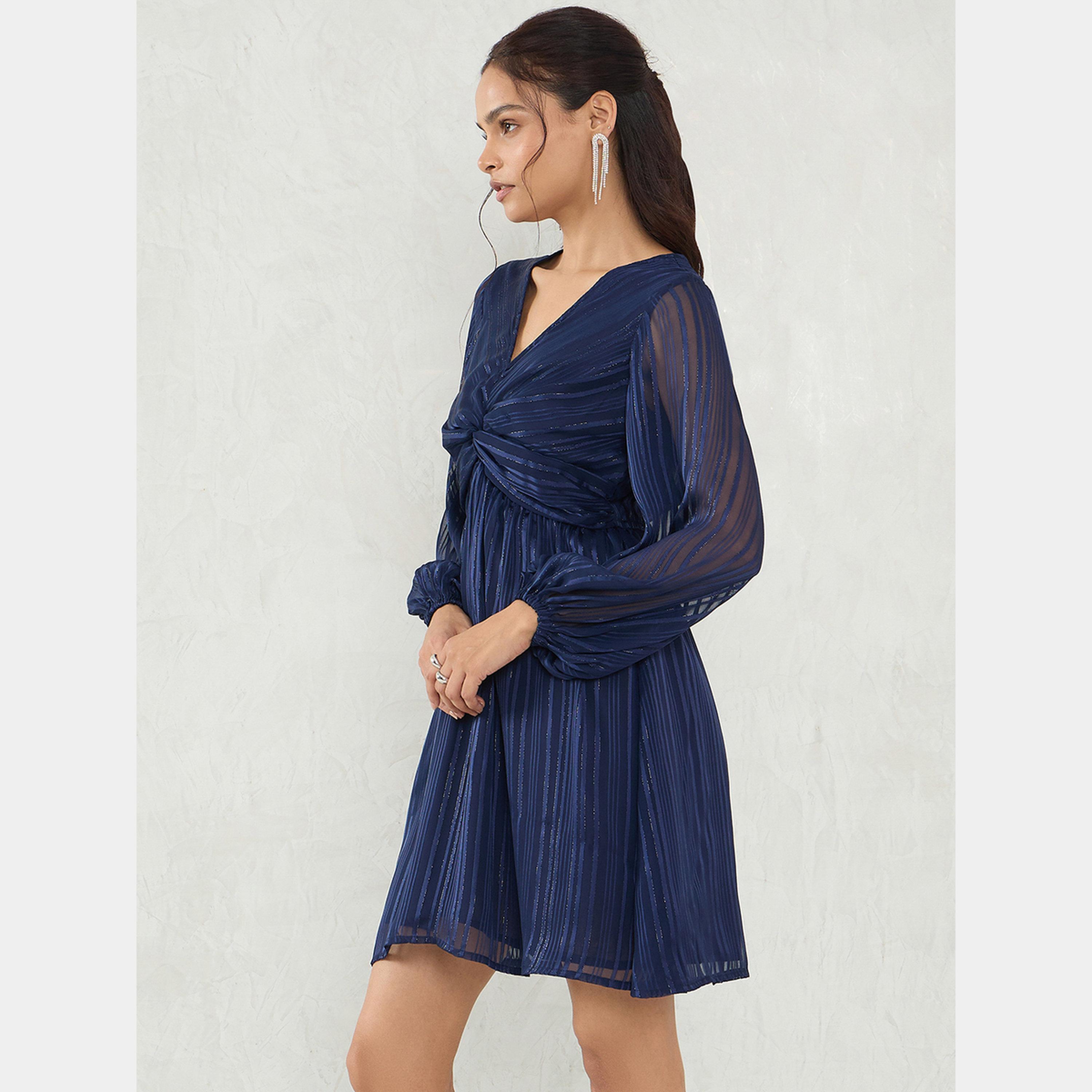 Femmella Navy Front Twist V-Neck Long Sleeves Women's A-line Mini Dress-women-clothing-dresses-image-3