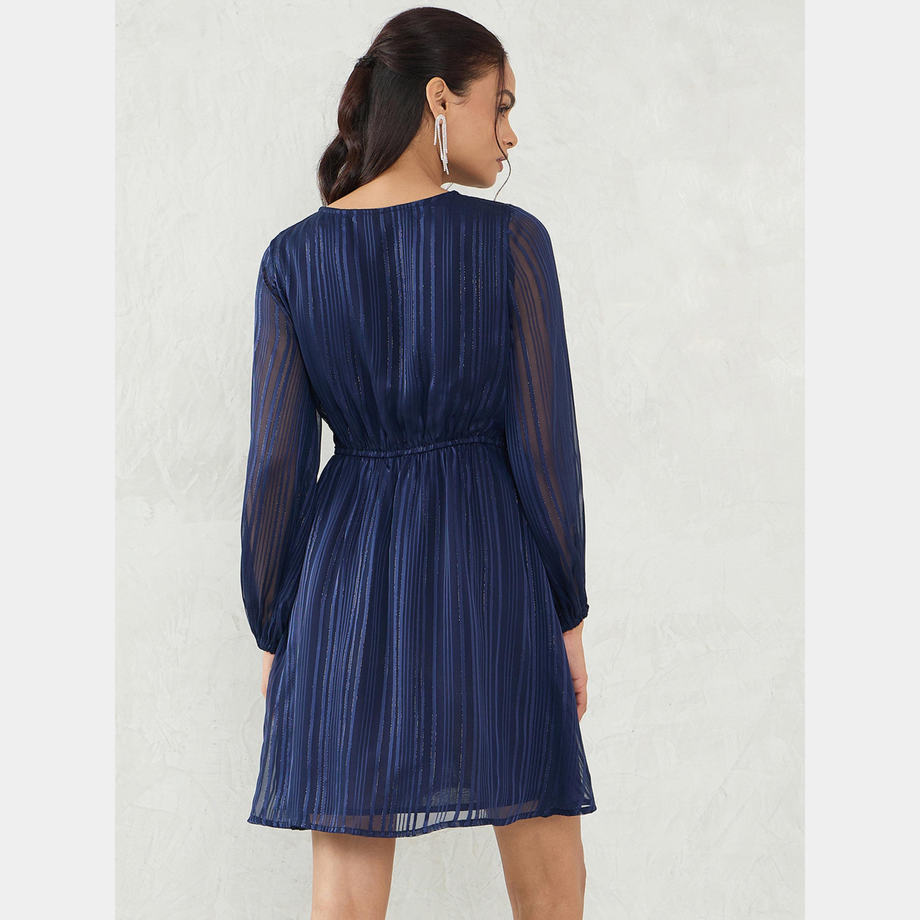 Femmella Navy Front Twist V-Neck Long Sleeves Women's A-line Mini Dress-women-clothing-dresses-image-5