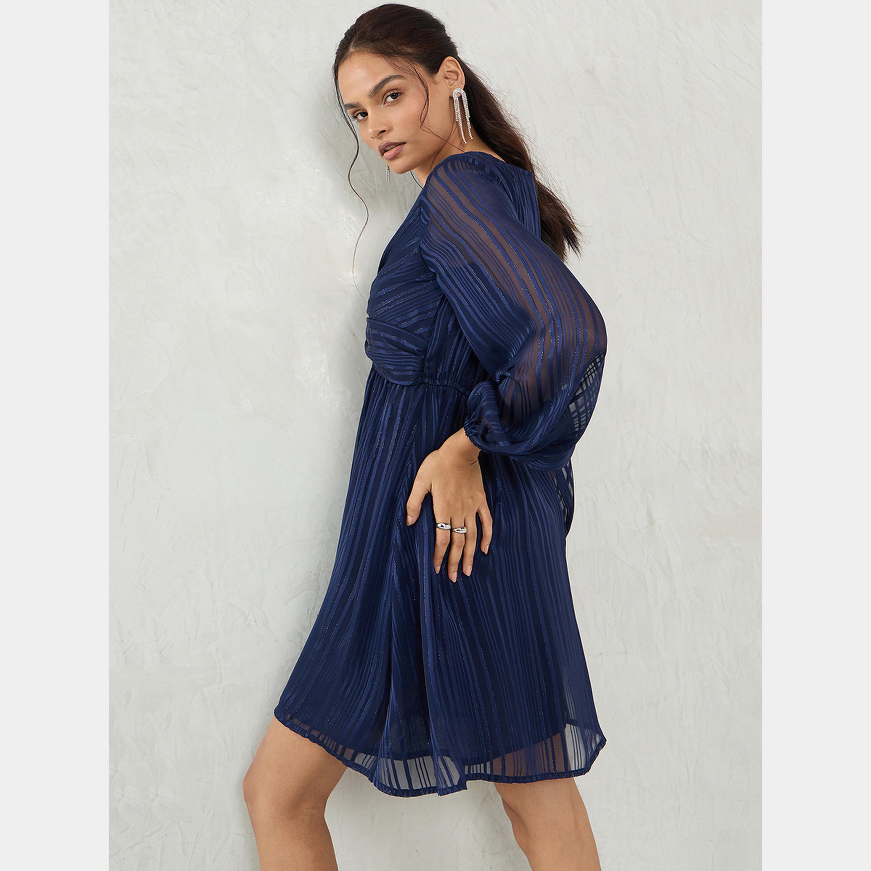 فيميلا - فستان نسائي قصير بأكمام طويلة رقبة حرف A لون أزرق كحلي-women-clothing-dresses-image-6