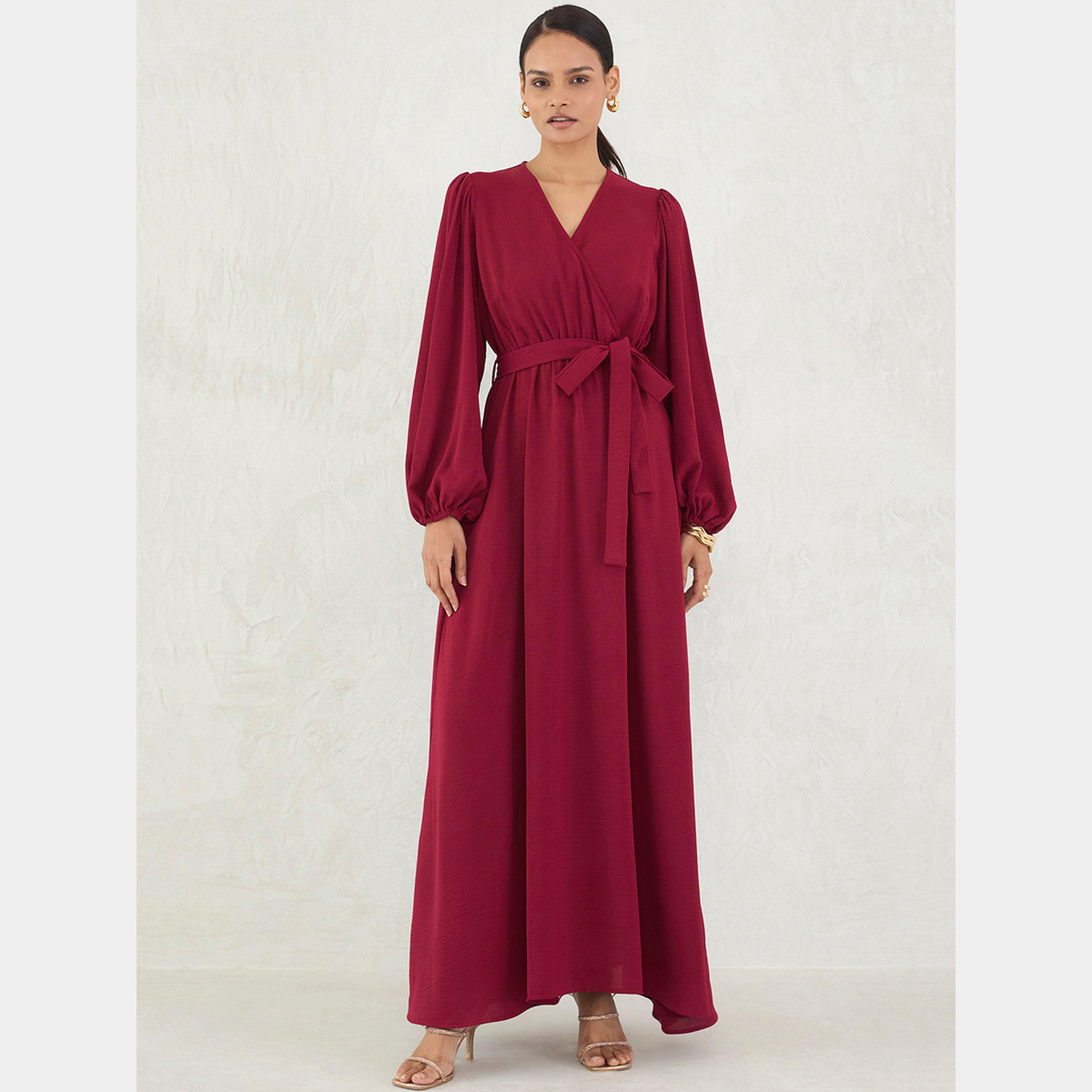 Femmella Maroon V-Neck Balloon Sleeves Women's A-line Maxi Dress-women-clothing-dresses-image-1