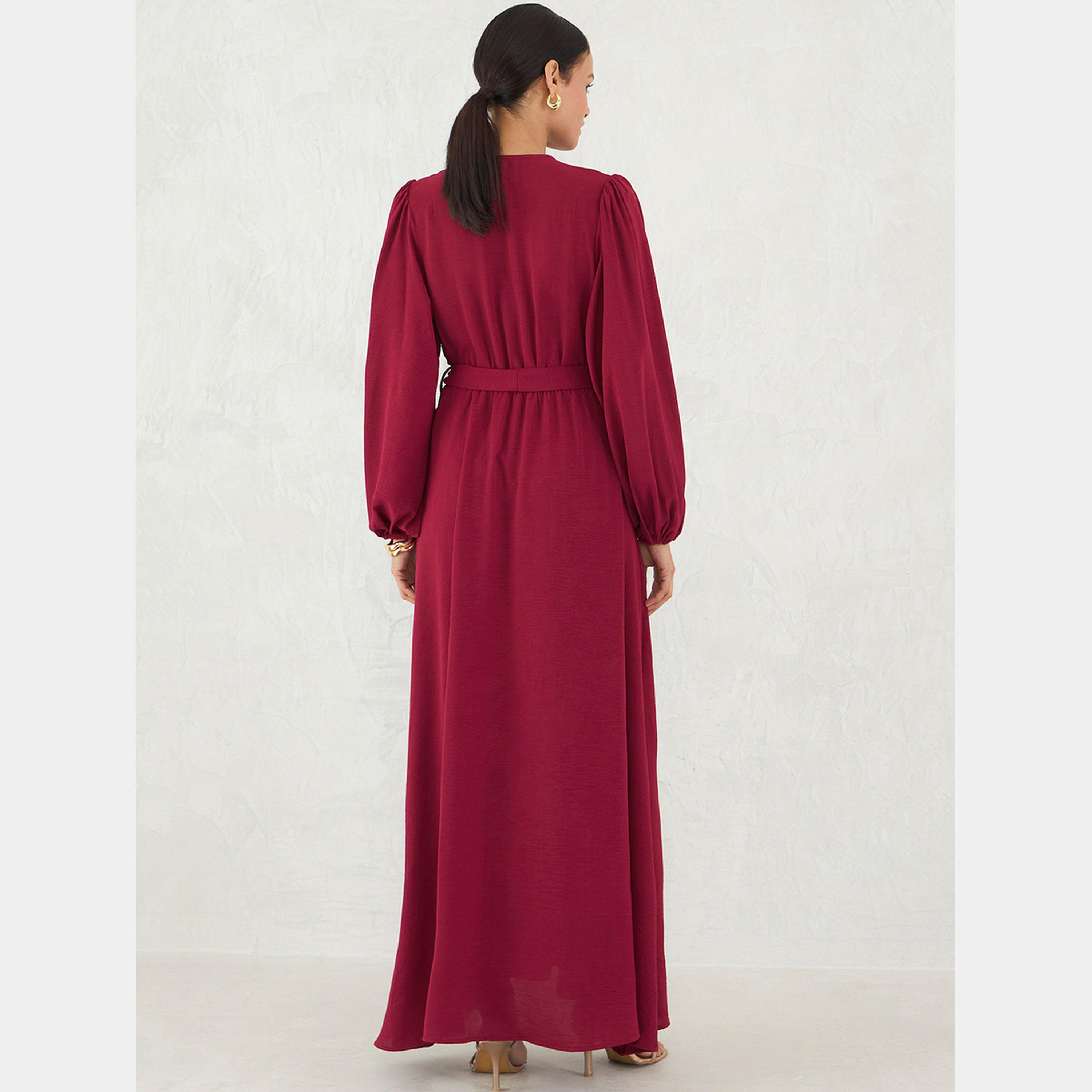 Femmella Maroon V-Neck Balloon Sleeves Women's A-line Maxi Dress-women-clothing-dresses-image-2