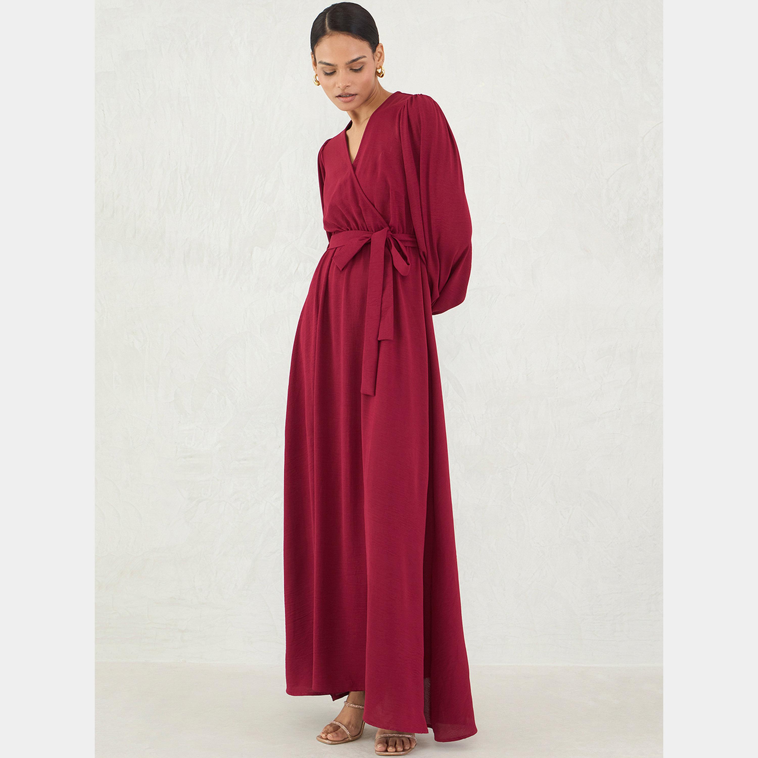 Femmella Maroon V-Neck Balloon Sleeves Women's A-line Maxi Dress-women-clothing-dresses-image-3