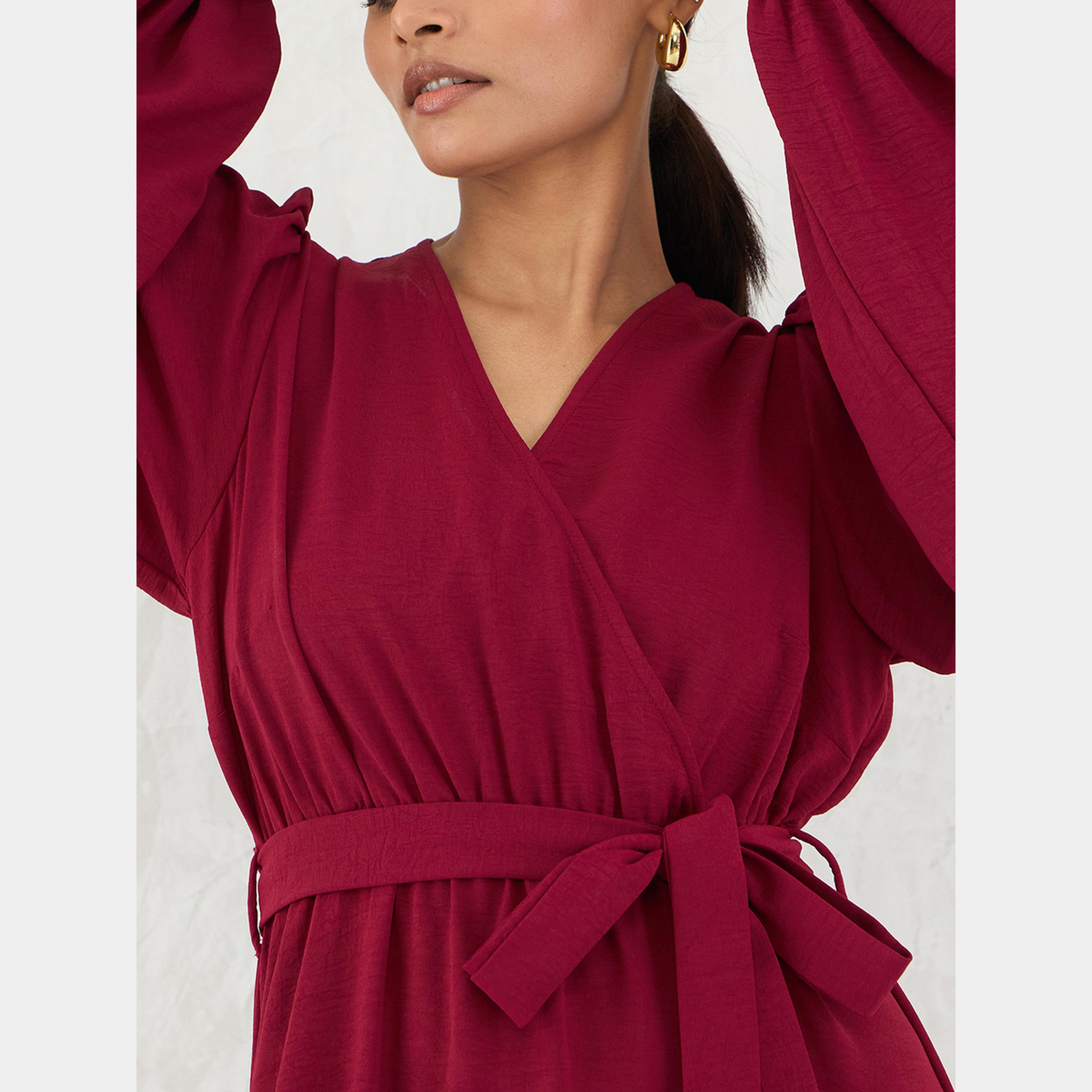 Femmella Maroon V-Neck Balloon Sleeves Women's A-line Maxi Dress-women-clothing-dresses-image-4