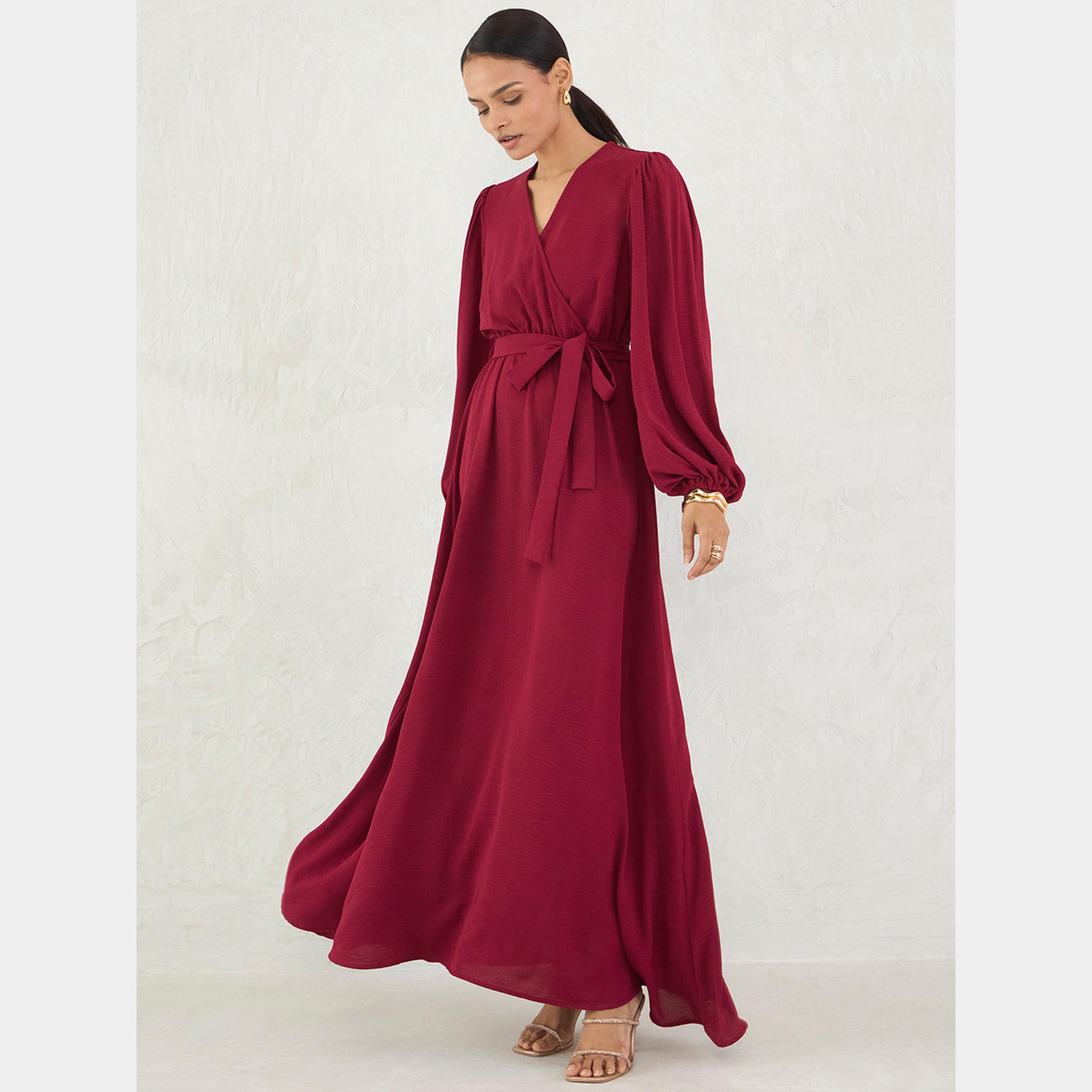 Femmella Maroon V-Neck Balloon Sleeves Women's A-line Maxi Dress-women-clothing-dresses-image-5