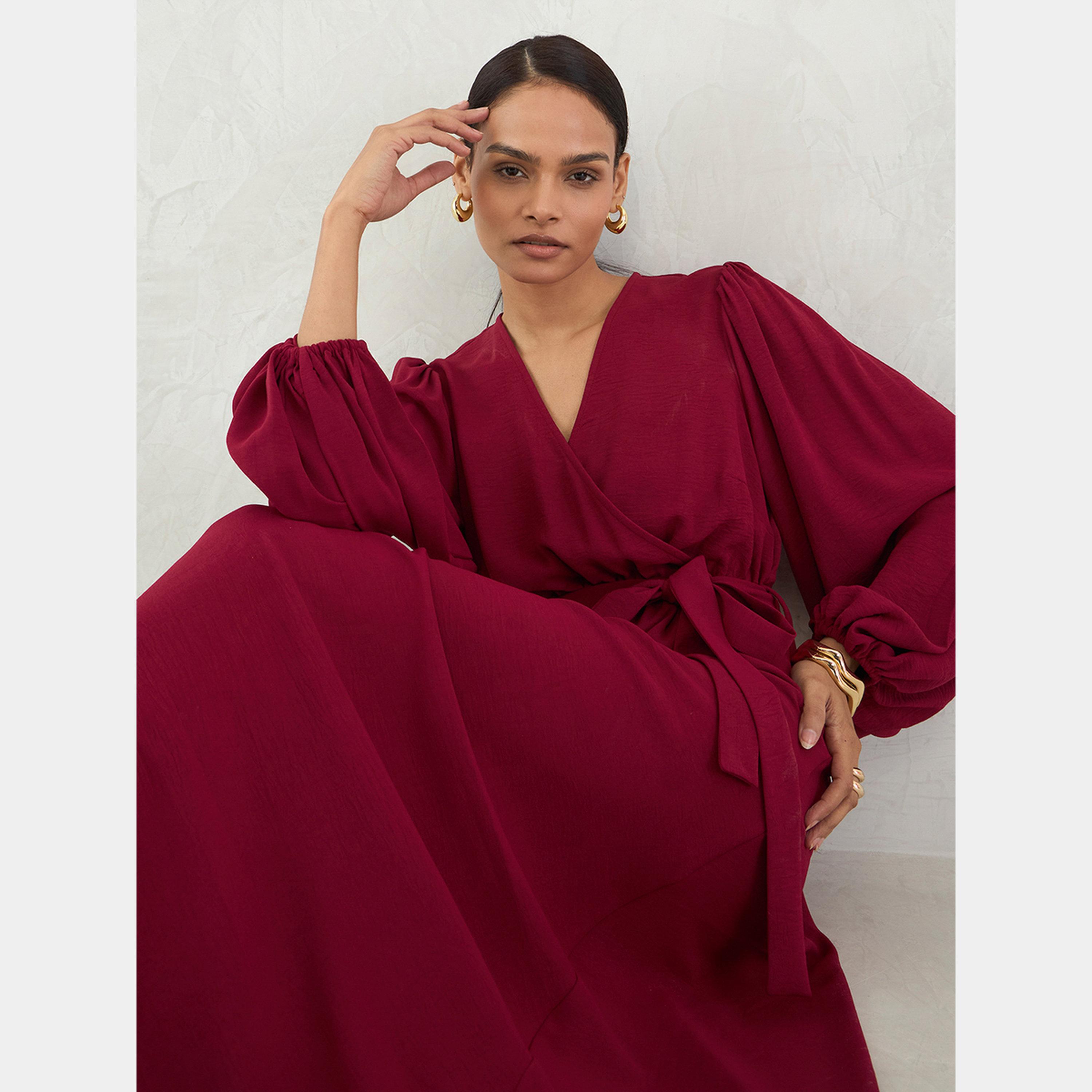 Femmella Maroon V-Neck Balloon Sleeves Women's A-line Maxi Dress-women-clothing-dresses-image-6