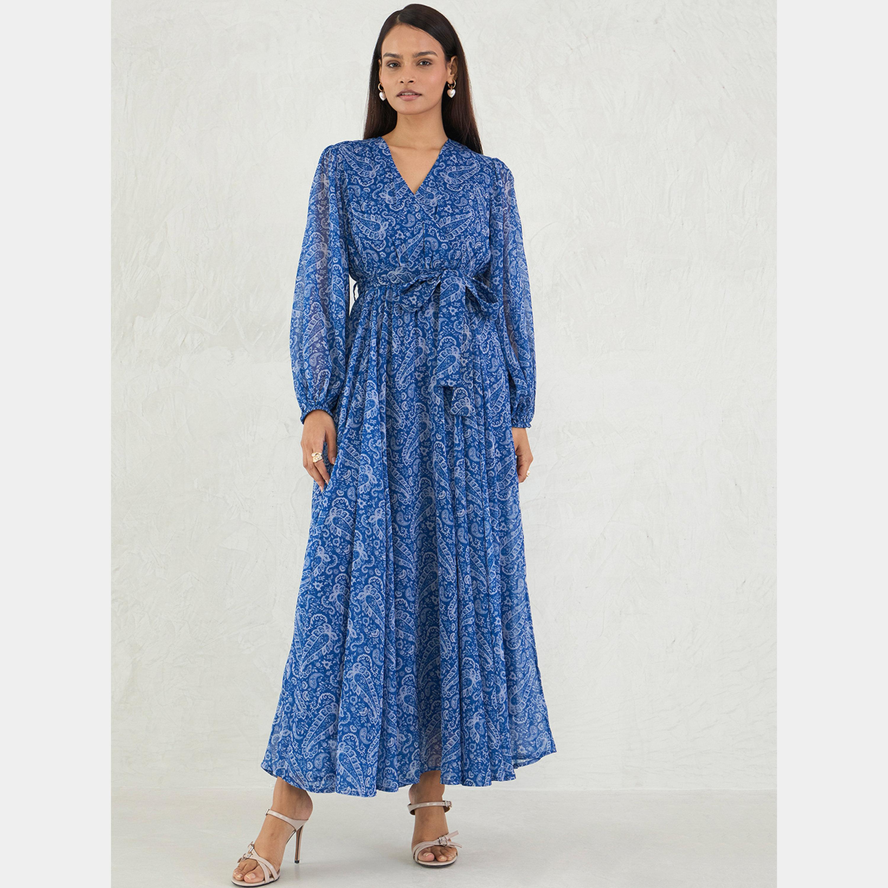 Femmella Blue Paisley Print V-Neck Long Sleeves Women's Wrap Maxi Dress-women-clothing-dresses-image-1